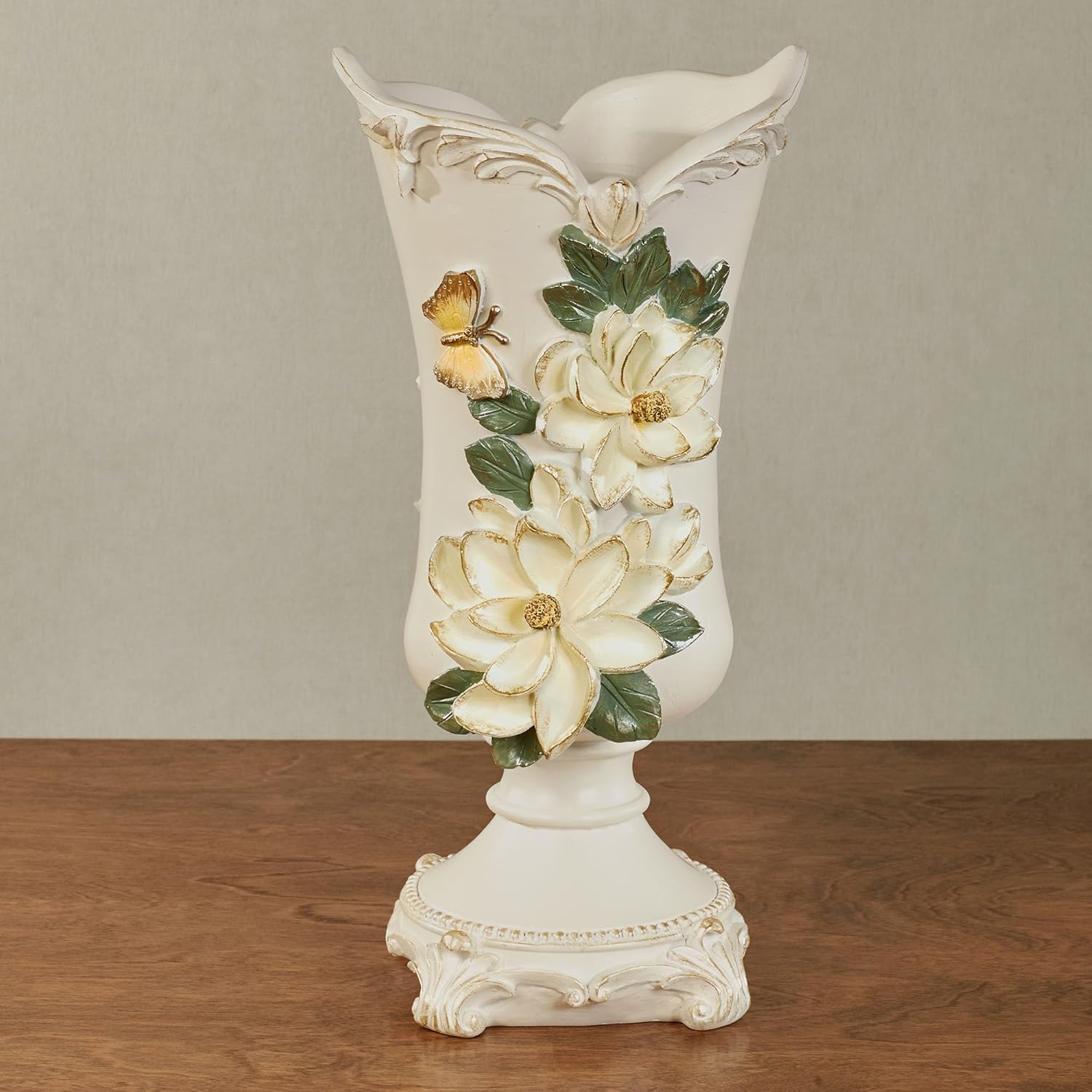 Sweet Magnolia Flower Vase | Handpainted Earth Tones, Metallic Gold, & Ivory | Magnolias, Yellow Butterflies, and Scrollwork on Traditional Pedestal Style Vase | Decorative Design Holds Faux Greenery