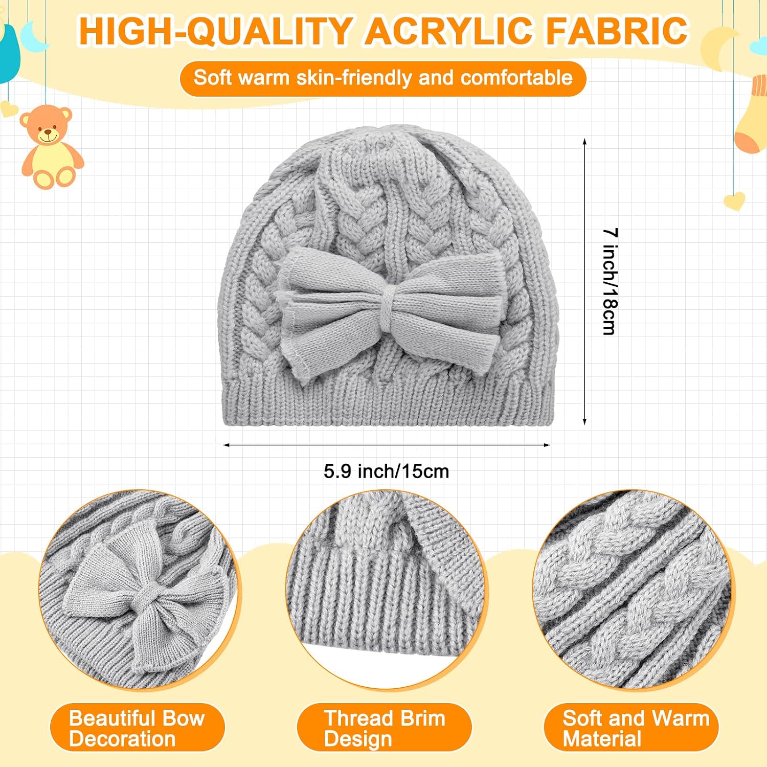 3 Set Kids Baby Toddler Winter Hats and Mittens Set Classic Warm Knitted Beanie Gloves Bow for Boys and Girls 0-6Y