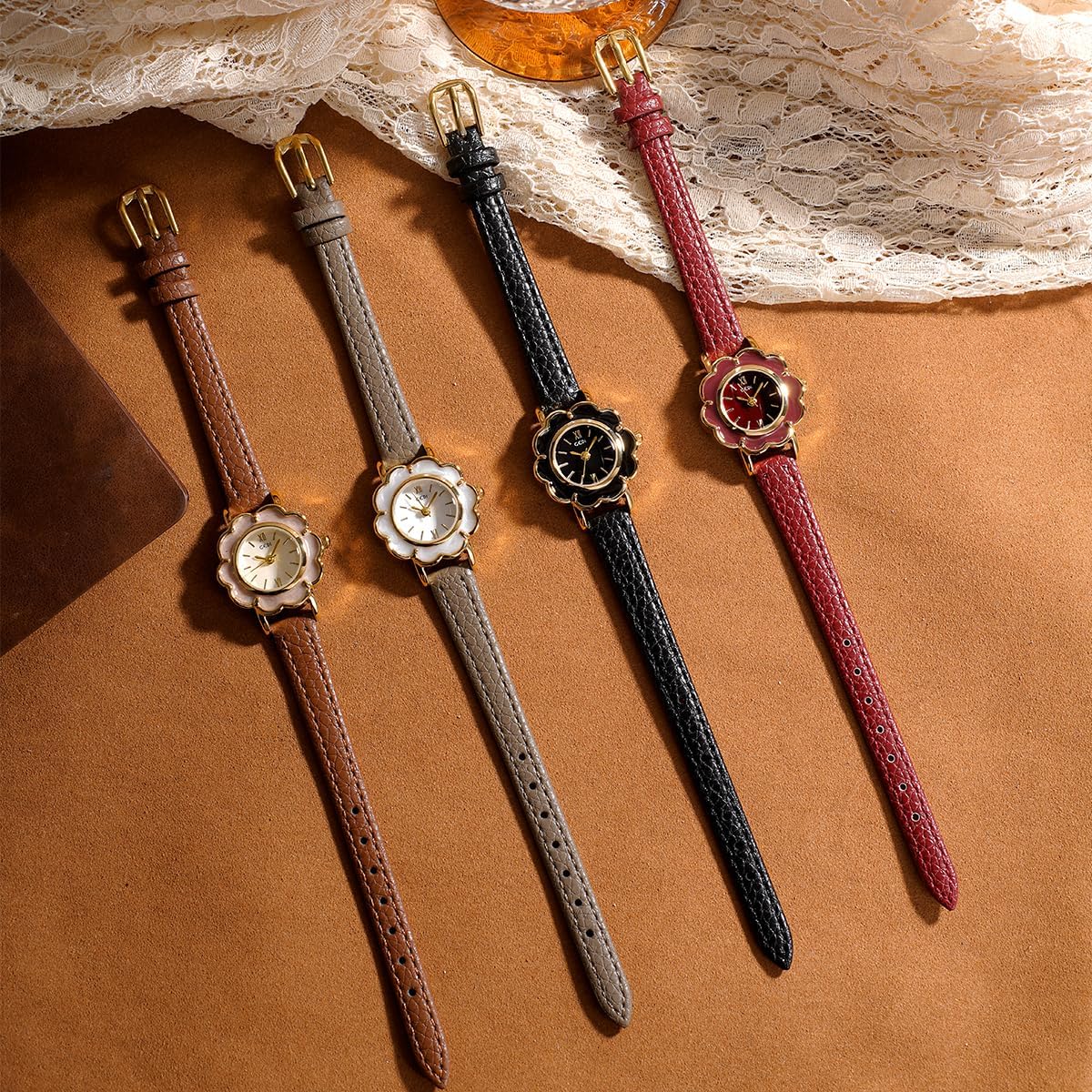 CARLIEN Women's Fashion Petite Floral-Shaped Creative Gold Quartz Watch Lightweight Leather Band Elegant Ladies Dress Bracelet Wristwatch - Image 6