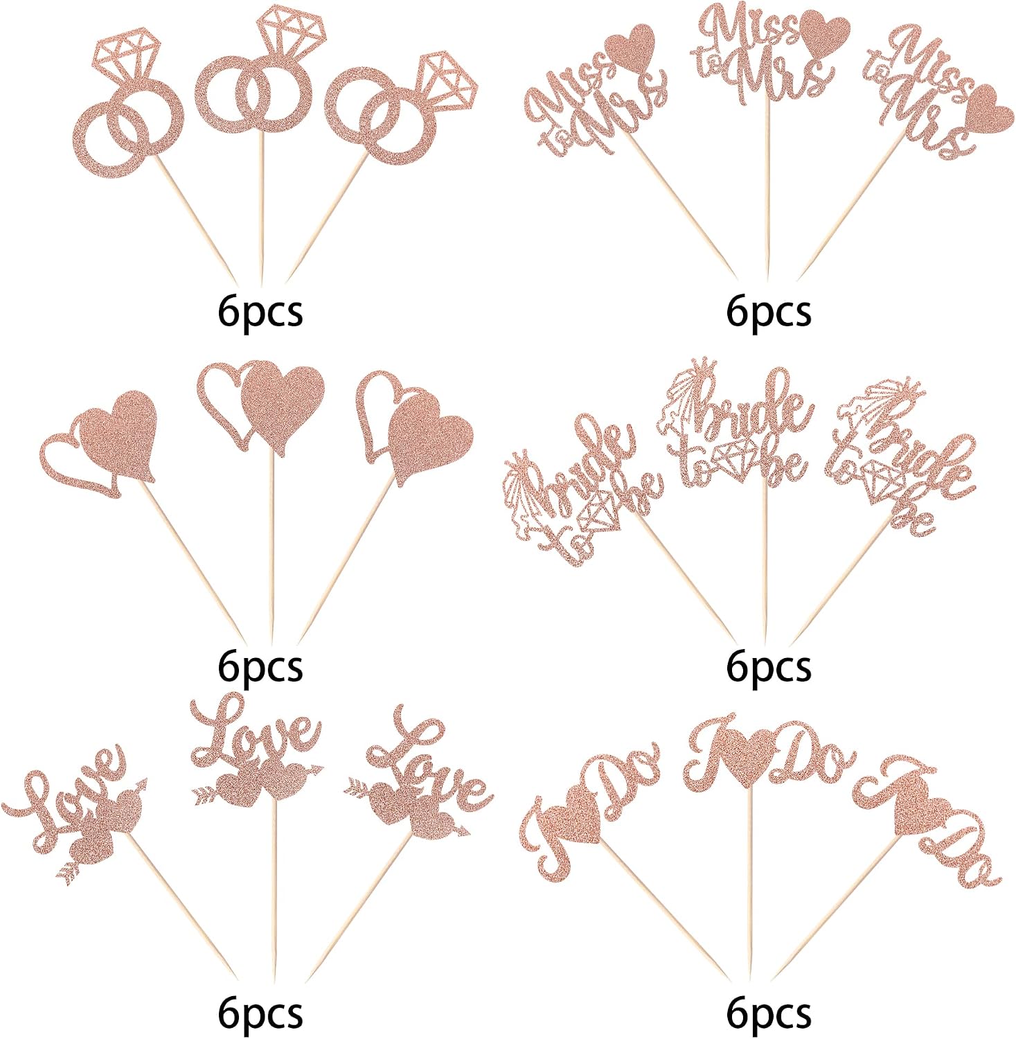 36 Pack Bridal Shower Cupcake Toppers Glitter Diamond Ring, Love I Do Cupcake Picks Miss to Mrs Bridal Shower Wedding Engagement Bachelorette Party Cake Decorations Supplies Rose Gold
