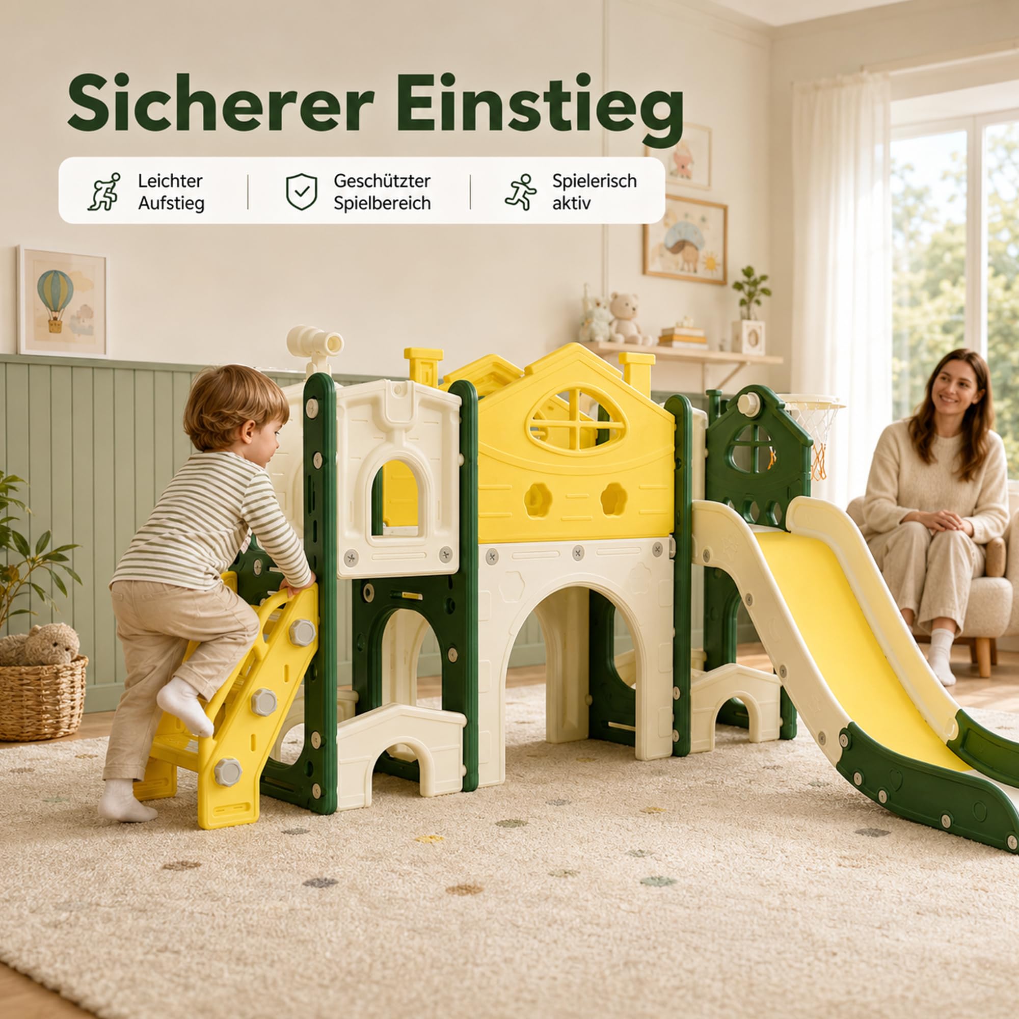 DULRLLY 5 in 1 Kinder Rutsche Indoor Outdoor, Rutschhaus mit Klettergerüst, Basketballkorb Und Tunnel, Schaukel und Treppe, Montessori Kinderspielplatz Wohnzimmer & Kinderzimmer ab 1–6 Jahre