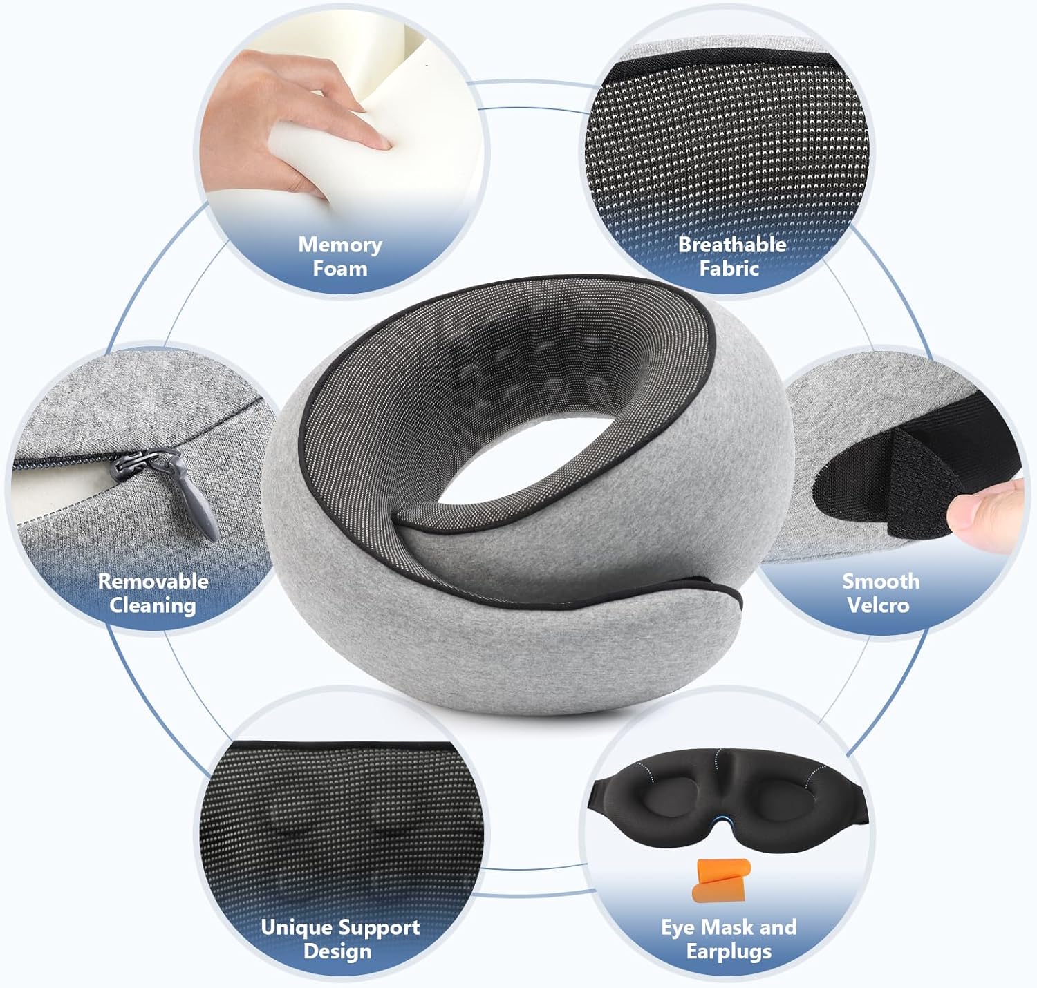 Travel Neck Pillow with 100% Pure Memory Foam, G-Shape, Includes Eye Mask & Ear Plugs, Ergonomic Design for Airplane, Car & Office, etc, Beige Gray - Image 7