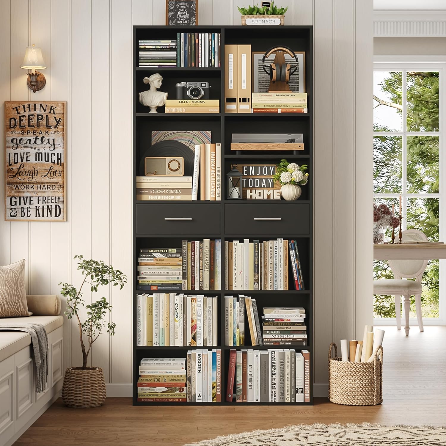 HOSTACK 73" Tall Bookshelf with Drawers, 7-Tier Black Bookshelf with Storage, Double Wide Bookcase with 14 Open Book Shelves, Wood Book Case with Adjustable Shelves for Media CD DVD Storage, Black