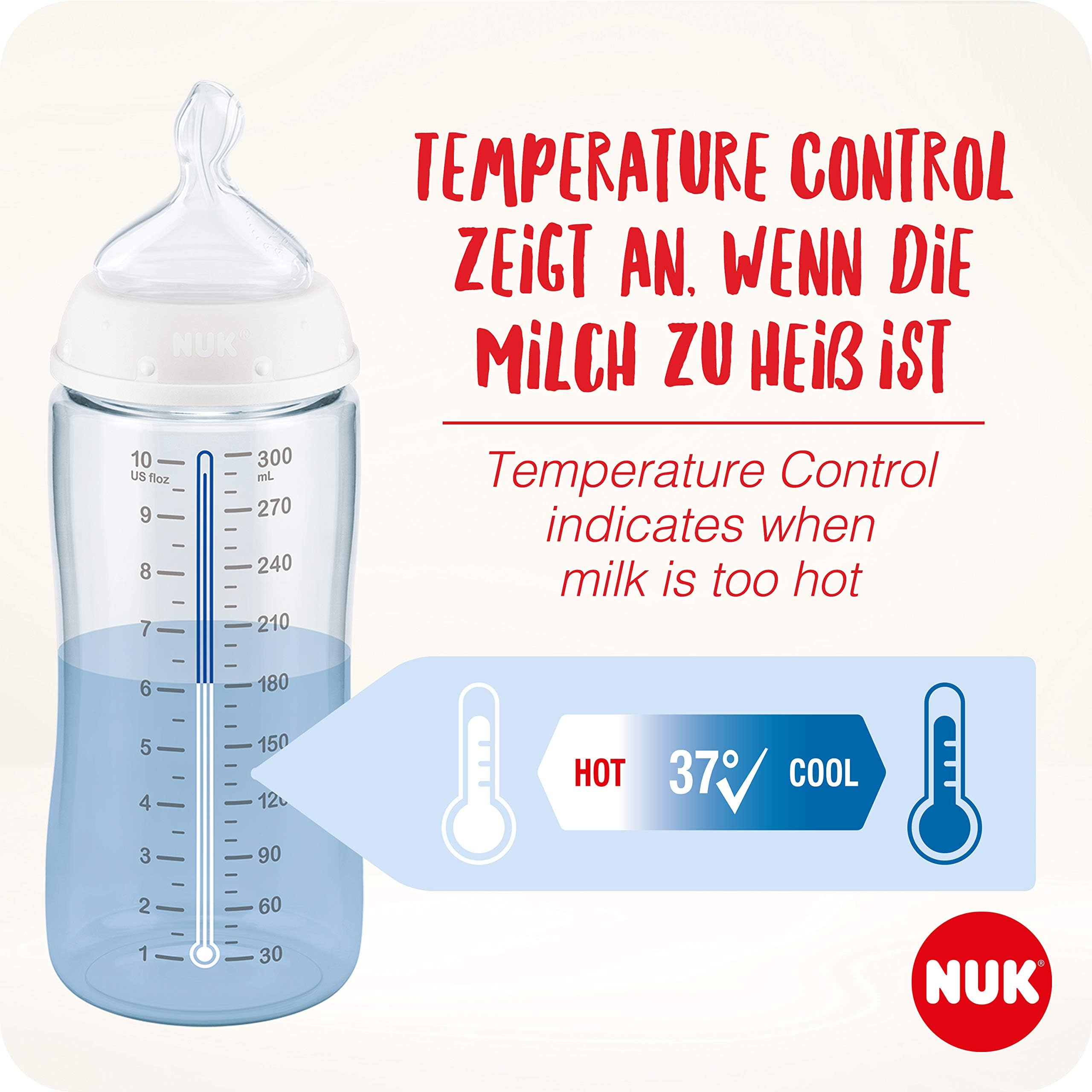 NUK First Choice+ Babyflaschen Starter Set aus Glas und Silikon | 0–6 Monate | 4 Flaschen mit Temperature Control & Flaschenbox | Anti-Colic Air System | BPA-frei | 5-teilig