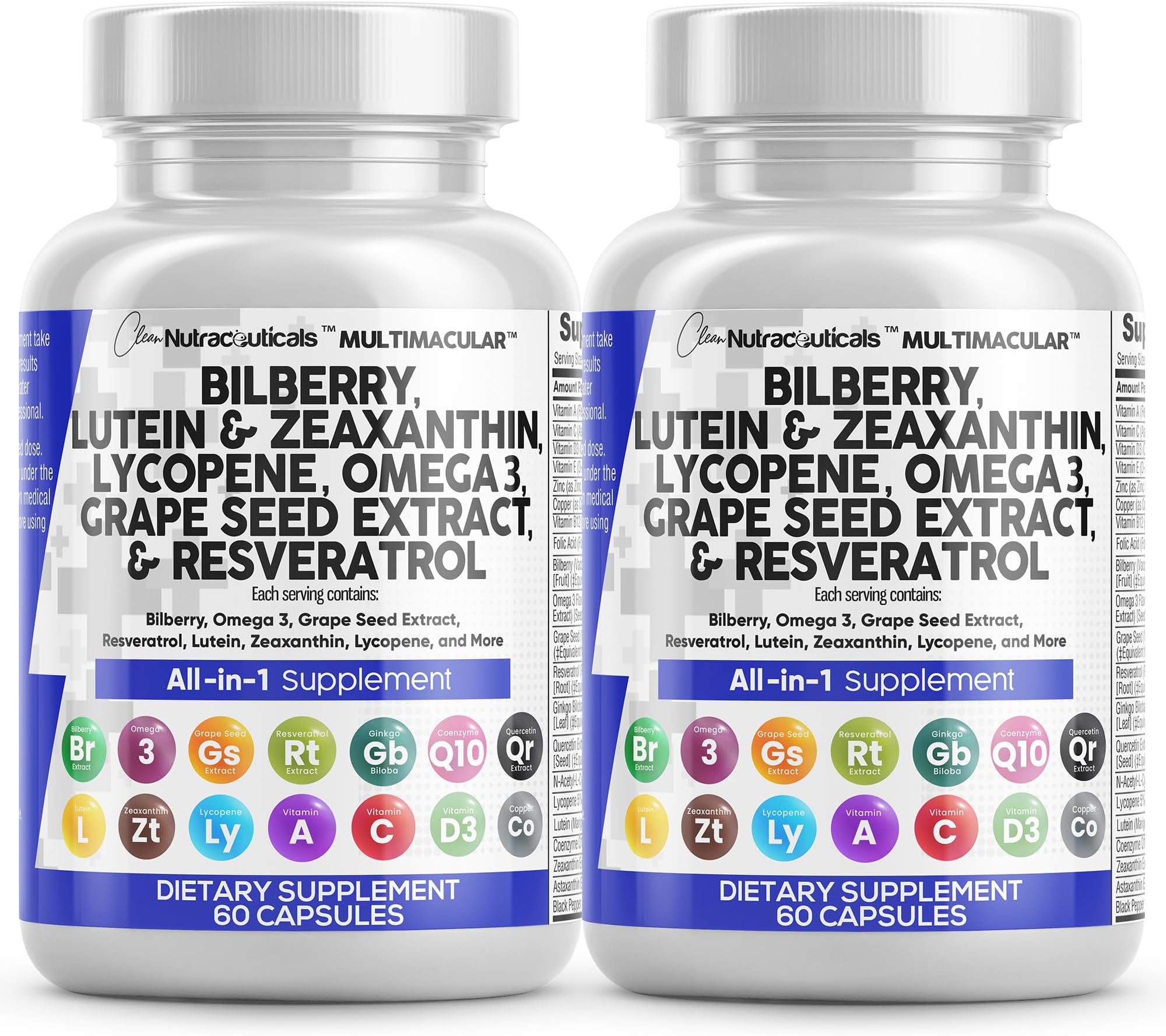 Clean Nutra Eye Vitamins with Bilberry Lutein and Zeaxanthin Supplements Lycopene 40mg Resveratrol Grape Seed Astaxanthin for Eyes - Eye Care Health Support (60 Count (Pack of 2))