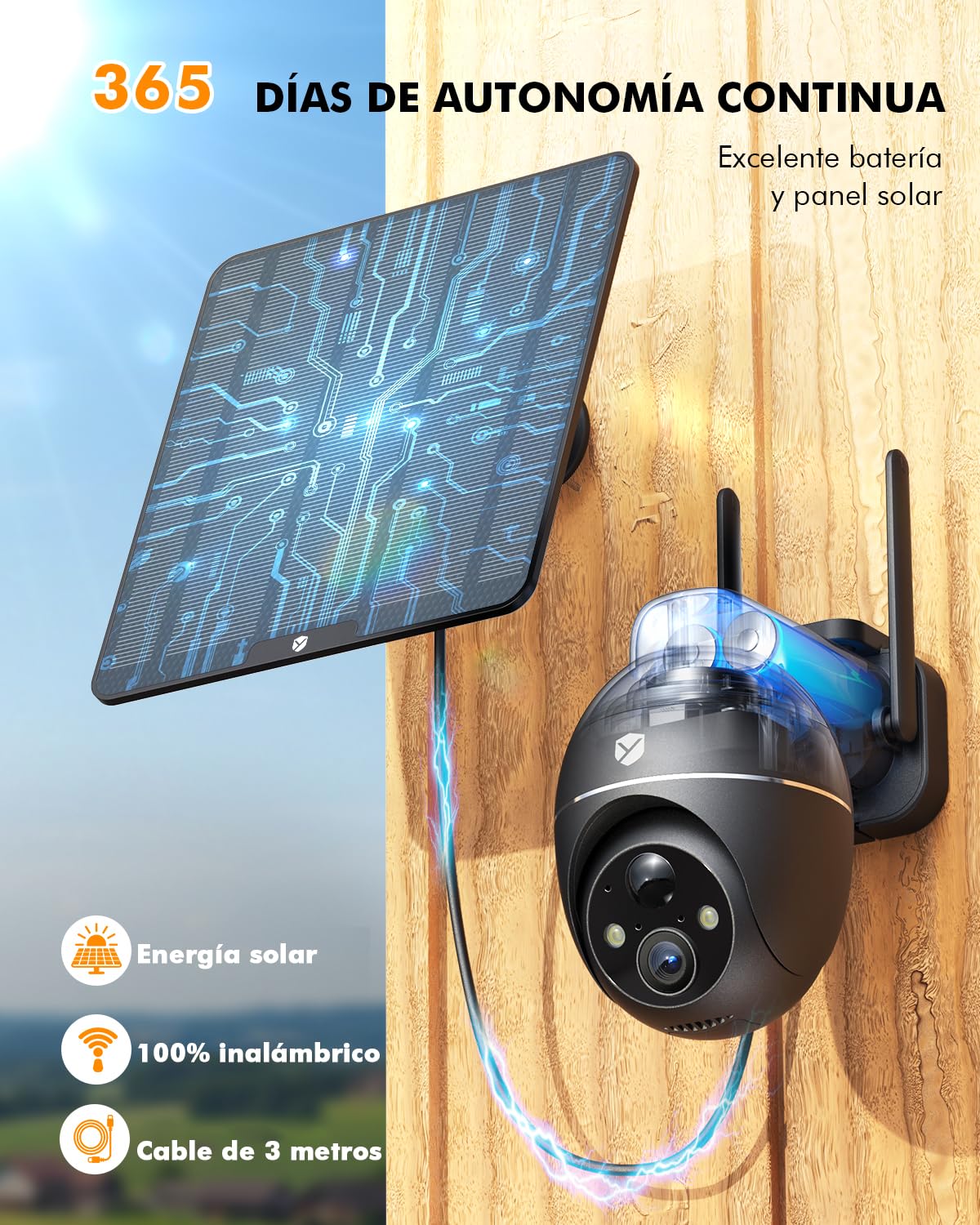 YESKANO 4G LTE Camara Vigilancia Exterior Solar con Tarjeta SIM, 2K HD, PTZ 355°/110°, Detección de Personas PIR, Visión Nocturna en Color, Voz Bidireccional, Almacenamiento Seguro, Sin WiFi | Con tarjeta SIM & 5W panel solar 360° PTZ, cámara 4G solar ext