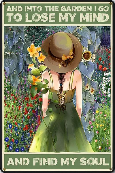 Enter The Garden Metal Sign：Women's Garden Gift for Yard For Outside Outdoor Sians Gardening Gifts 12" x 8"