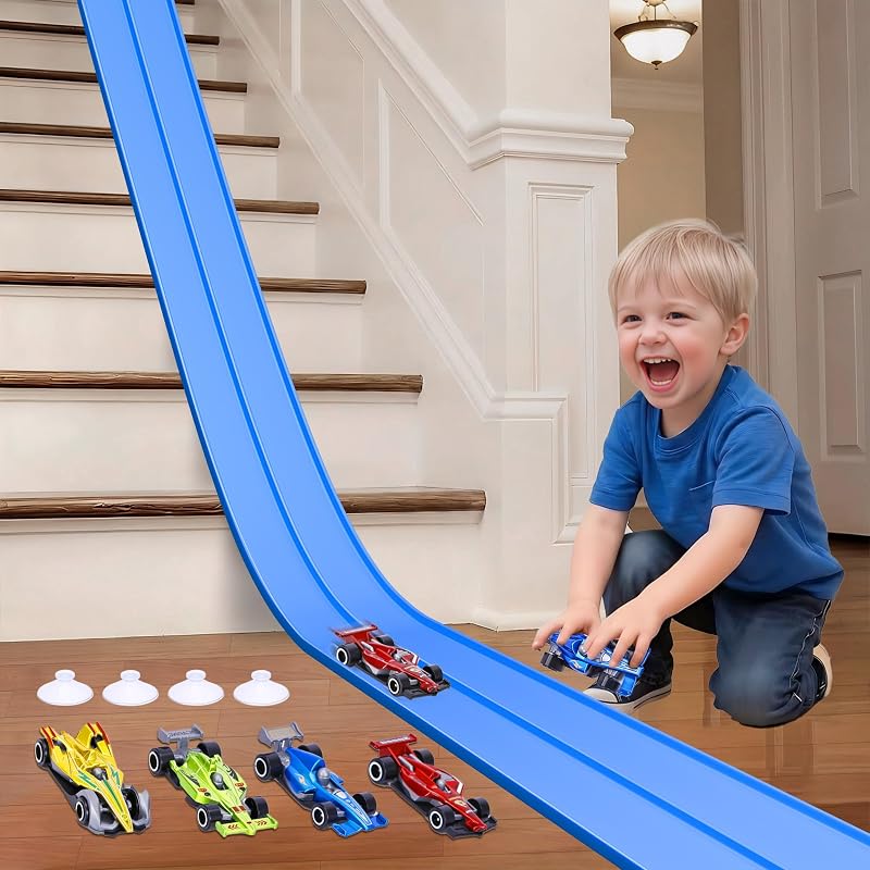 15 Ft Flexible Race Car Track for Kids, Double-Sided Racetrack with Suction Cups, Race Car Ramp Track & Compatible 1:64 Diecast Cars,Portable Roll Up Track Toy,Gift for Boys Girls Ages 3-5 5-7