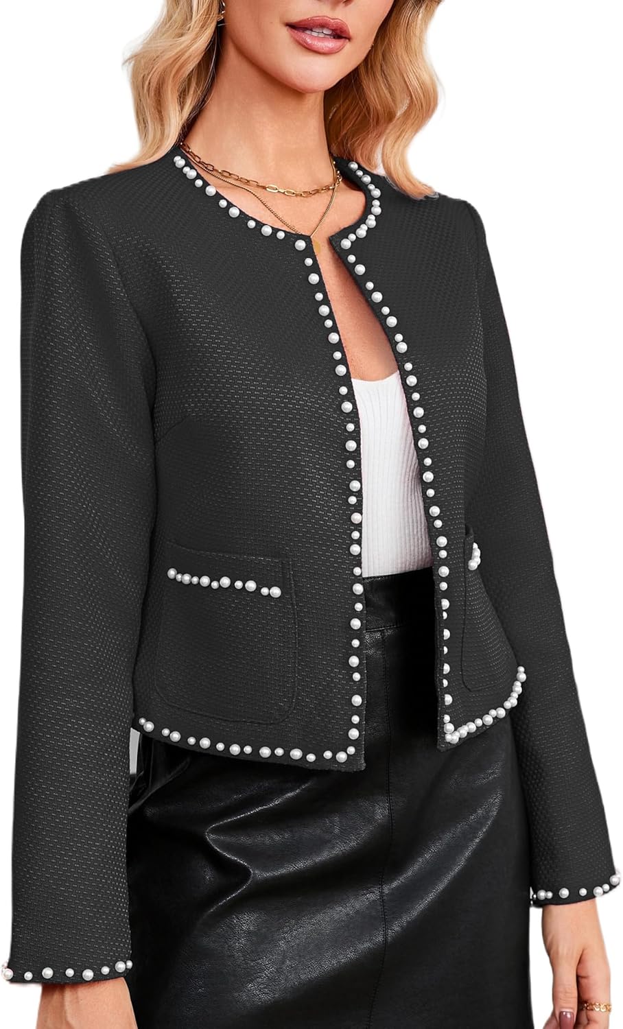 Women Cropped Tweed Blazer Jacket Long Sleeve Crewneck Open Front Pearl Trim Casual Fall Outfit with Pockets - Image 3