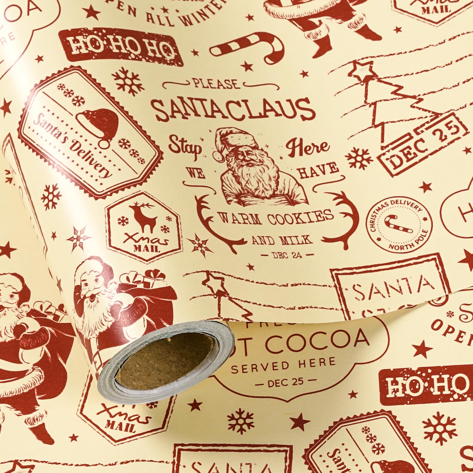 LeZakaa Christmas Wrapping Paper Roll, Vintage Santa Claus, Snowflake, Hot Cocoa, Festive Messages Nostalgic Design for Christmas, Holiday Party Gift Wrap, Mini Roll 17 in x 32.8 Feet