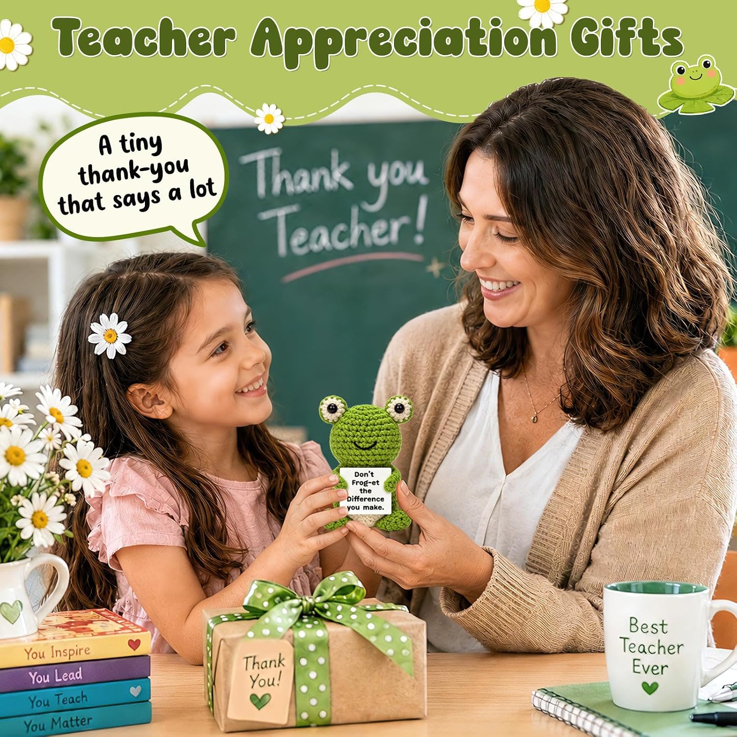 Thank You Gifts for Women Teacher Coworkers Nurse Boss Friends Manager, Funny Teacher Birthday Christmas Appreciation Gift, Cute Crochet Frog Desk Decor Inspirational Friendship Present for Woman image 2