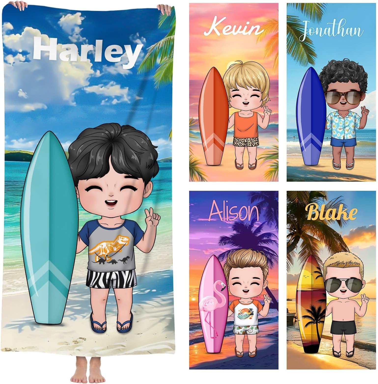 RXLLDOLY Personalised Beach Towel Microfiber, Cartoon Dress Up Bath Towels with Name, Custom Beach Towel for Bestie Couple Family Pool Party Gift (Boy)
