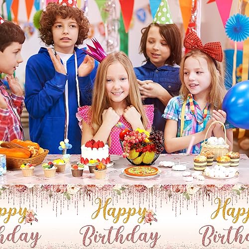Miniatura 6 de Tiamon Mantel de 3 piezas de feliz cumpleaños, funda de mesa floral rosa dorado rosa desechable, decoración de plástico para niñas, niños,