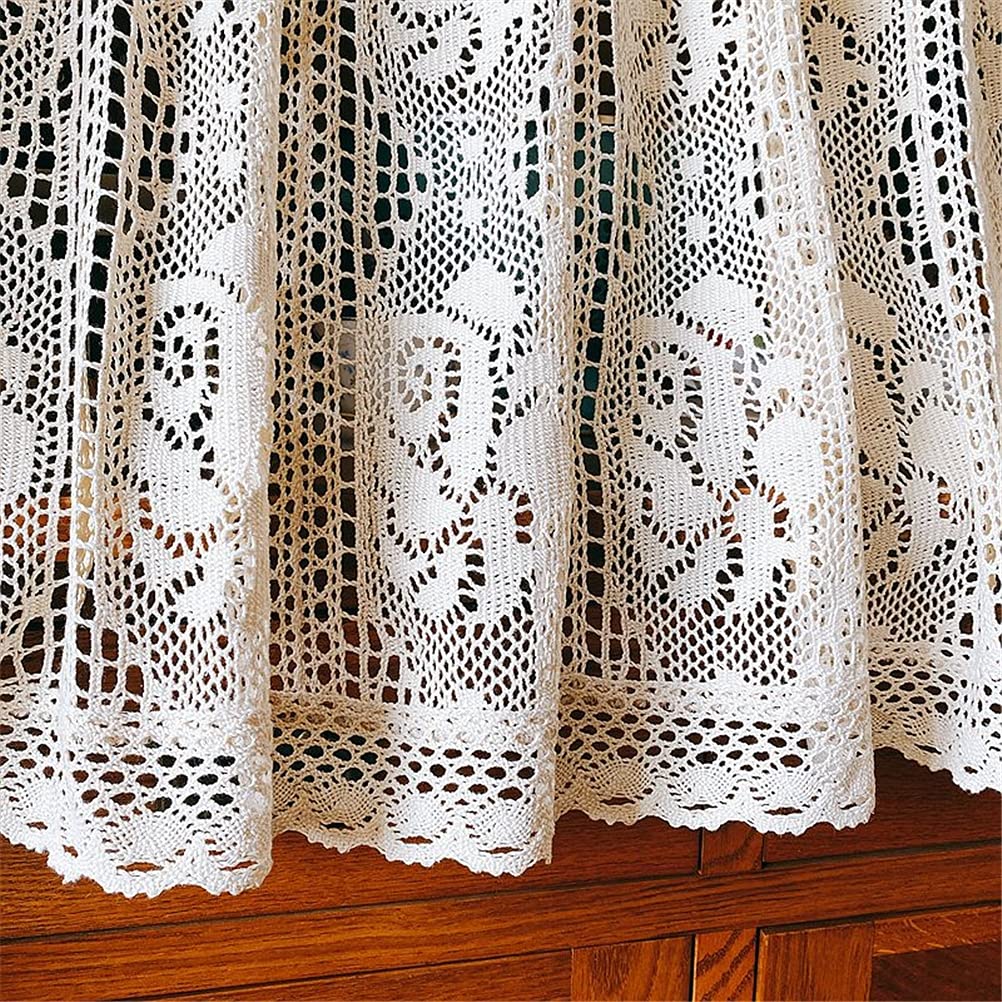 Tenda Da Cucina Corta In Cotone Boho Stile Bistrò – Ricamo Effetto Uncinetto – 150x60 Cm – Beige Semitrasparente