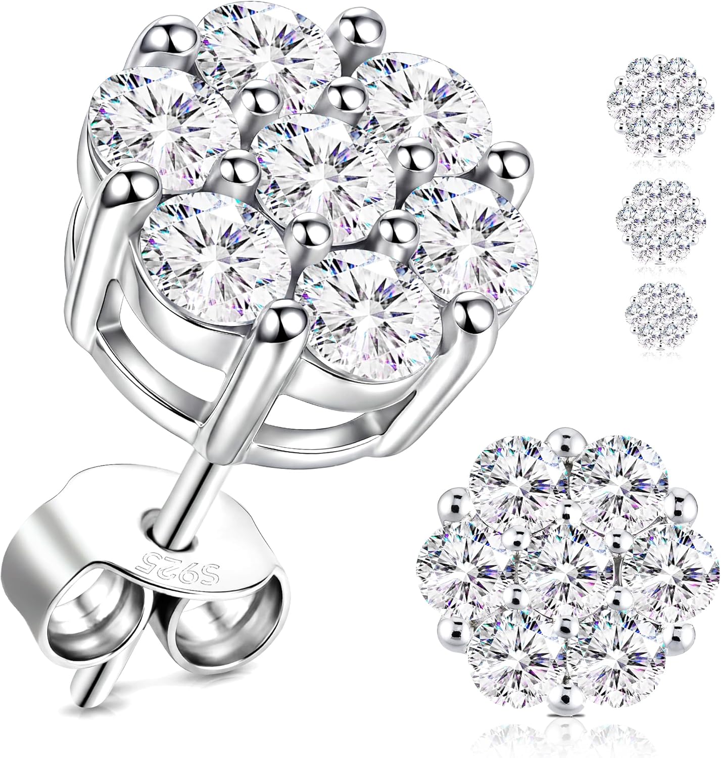 Cluster Earrings, Moissanite Earrings for Women Men, 925 Sterling Silver, D Color VVS1 Brilliant Round Cut, Hypoallergenic Dainty Earrings for Birthday Anniversary Valentine Christmas