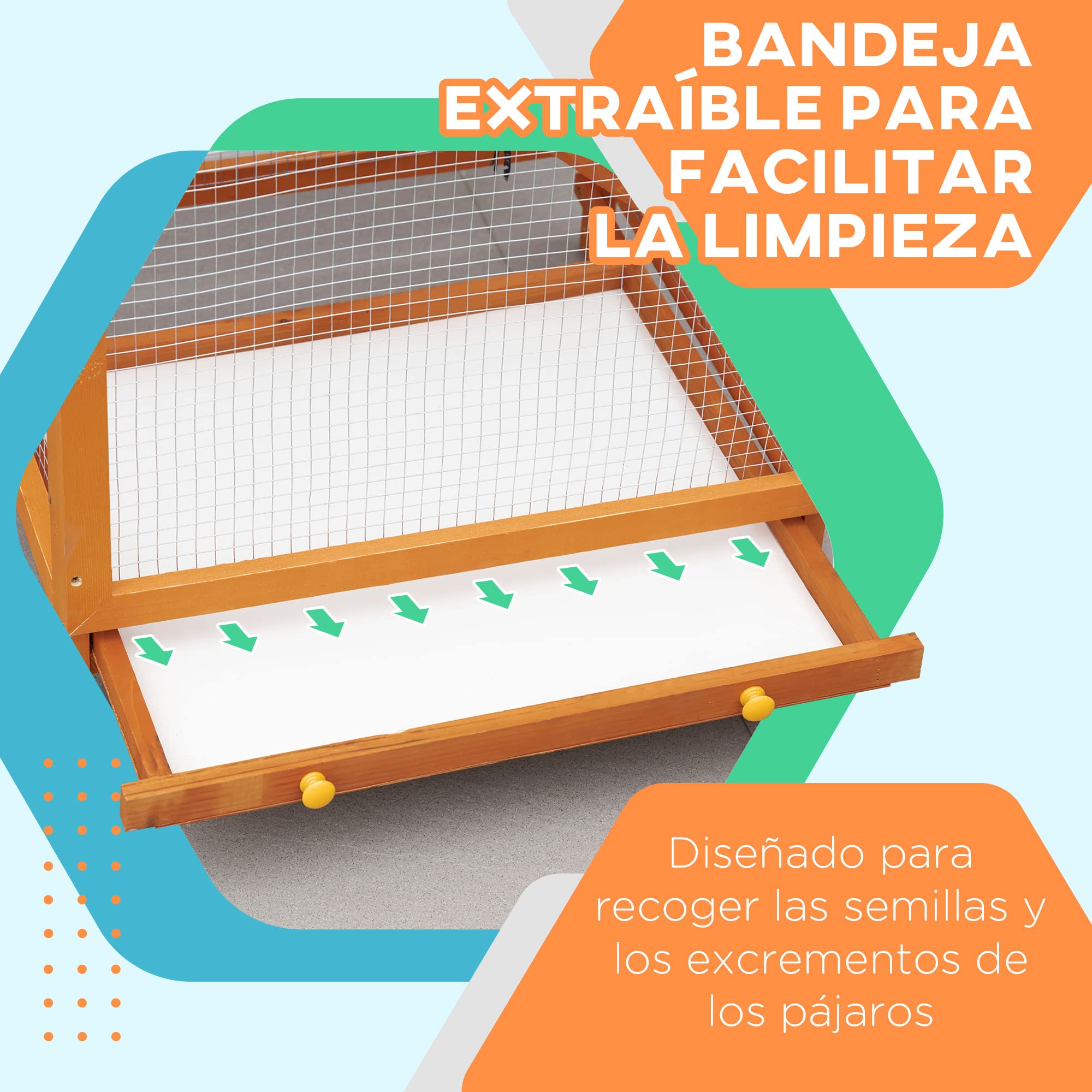 PawHut Jaula para Pájaros Grande 68x63x165 cm Madera | Pajarera de Madera de Abeto, 2 Puertas, Bandeja Extraíble, Techo Asfáltico