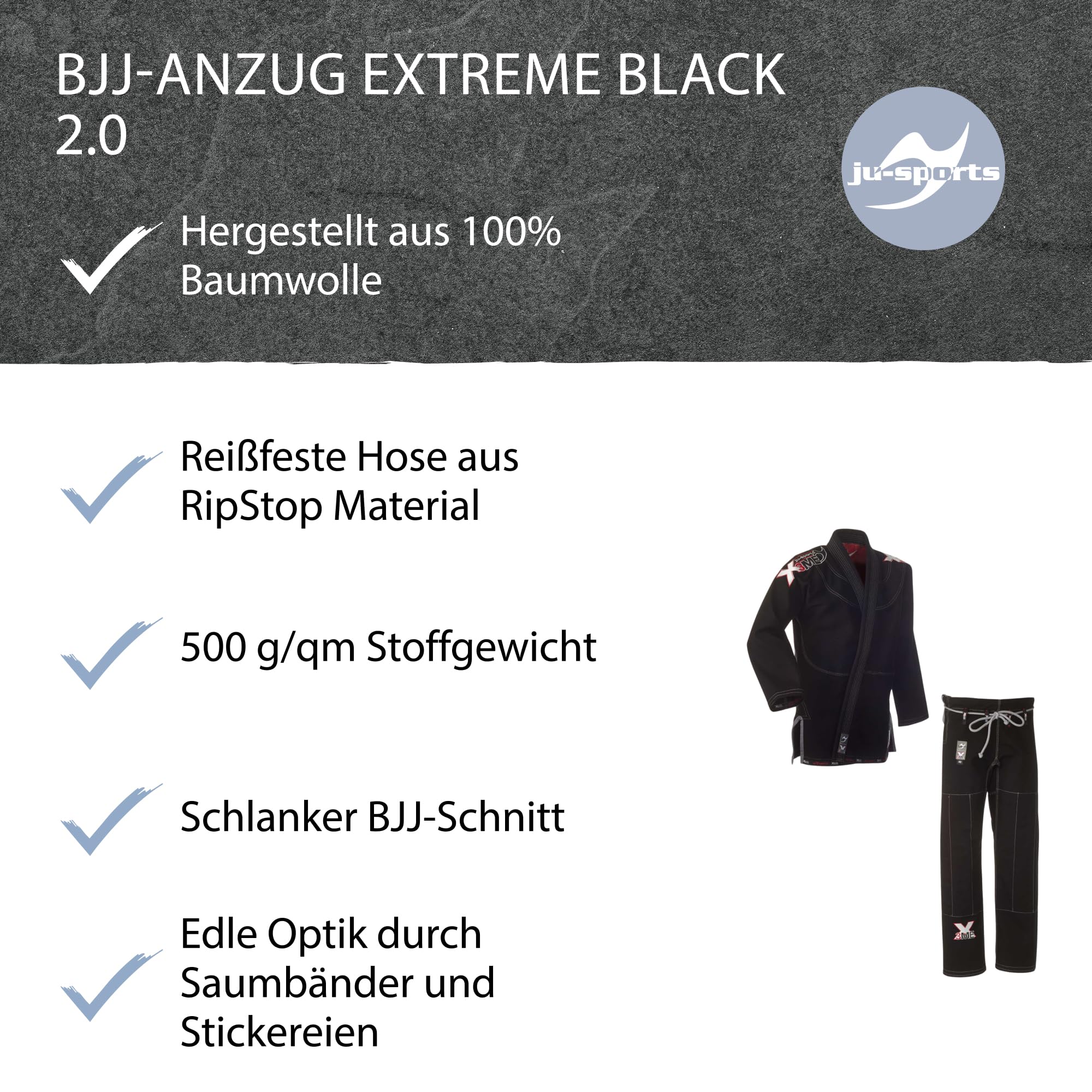 Ju-Sports BJJ Gi Herren EXTREME 2.0 schwarz- Topmoderner Brazilian Jujutsu Anzug flexibel & reißfest, 500g/qm Stoffgewicht, Herausragendes Tragegefühl