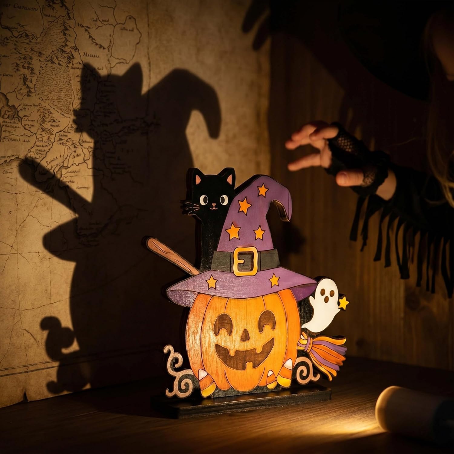 Halloween Wooden Tabletop Signs Centerpiece, Spooky Cute Desk Decor for Office Indoor Home, Funny Tiered Tray Decorations Mantel Shelf Room Party Ornaments (Ghost, pumpkin and black cat) image 5