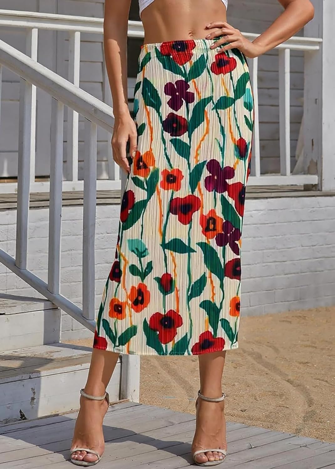 materasu Women Pleated Midi Skirt: High Waist Casual A-Line Floral Print Skirt for Work,Travel,Daily Wear - Image 4