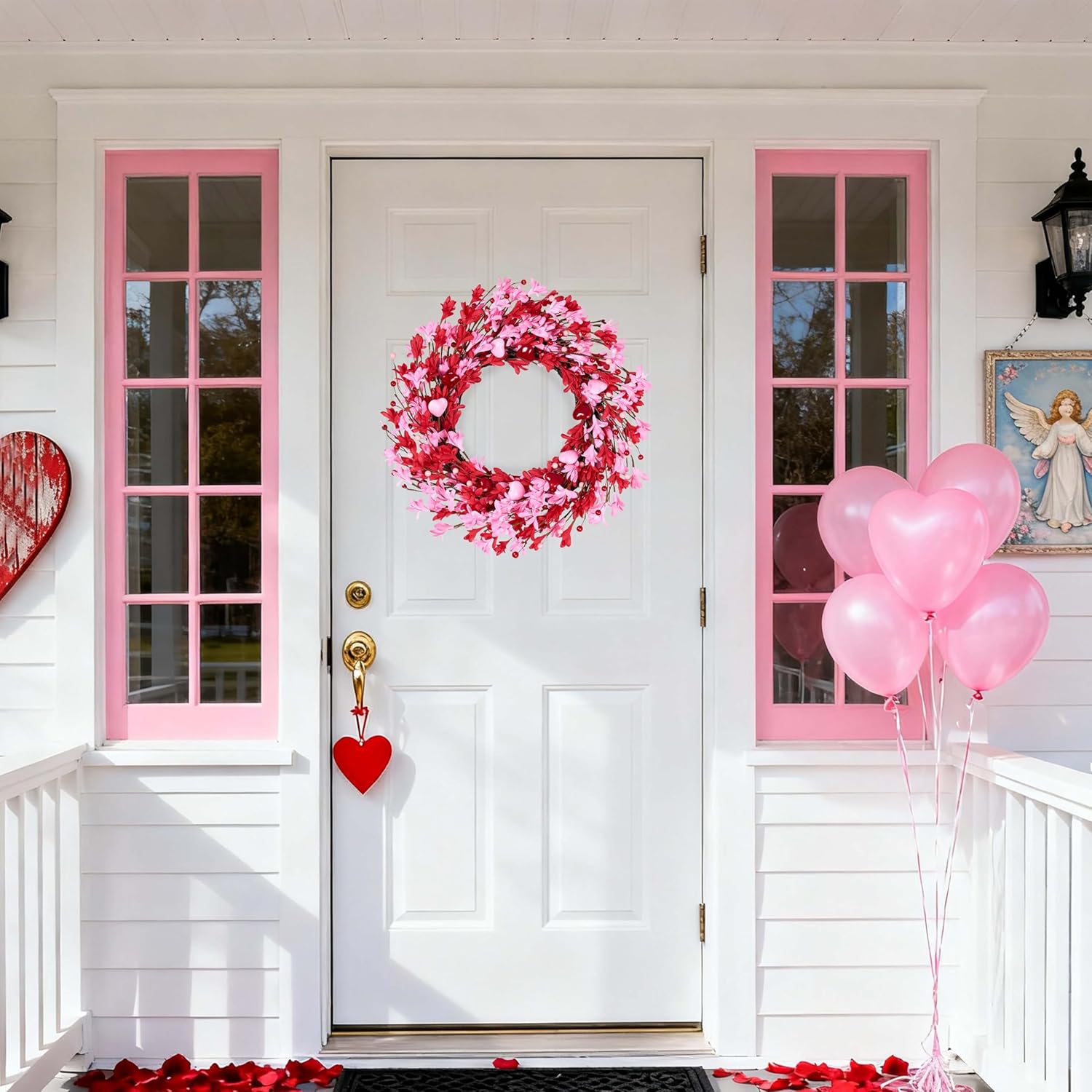 Valentine's Day Wreath 22 Inch Valentines Day Wreaths for Front Door Pink Floral Wreath with Red Love Heart Berries Pink Forsythia Flowers for Valentine Anniversary Wedding Holiday Decorations
