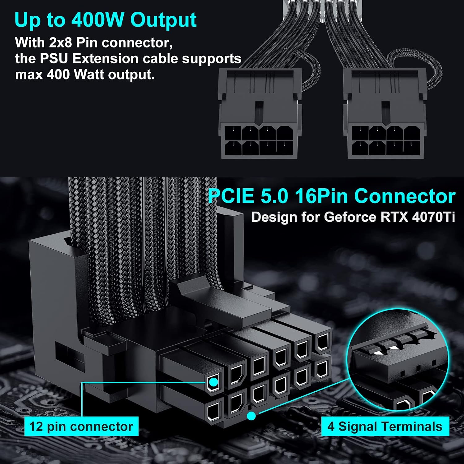 16Pin GPU RTX 4070 Super Power Adapter Cable 90 Degree, PCIE 5.0 16Pin Male to 2X8Pin Female Right Angled 12VHPWR GPU Extension Cable for Geforce RTX 4070 5070 Ti RTX 5080-13inch Black