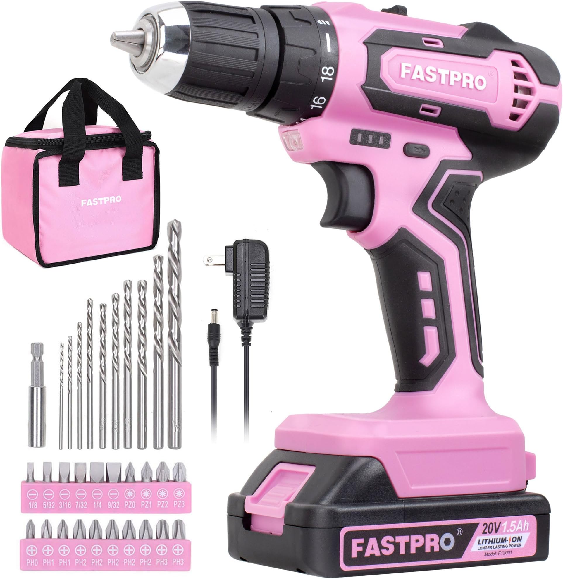 20V Pink Drill Set, 3/8 in. Cordless Drill Driver Kit with 1.5 Ah Lithium-ion Battery, Charger and Tool Bag