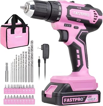 FASTPRO 20V Pink Drill Set, 3/8 in. Cordless Drill Driver Kit with 1.5 Ah Battery, Charger and Tool Bag