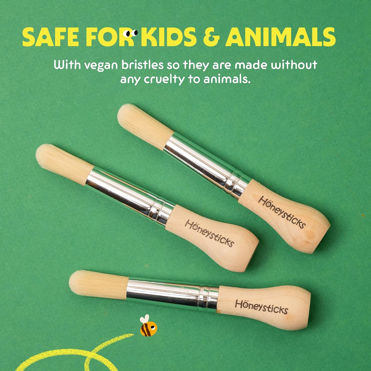 Honeysticks My First Paint Brush Set - 3 Pack: Ideal for Babies and Toddlers. Jumbo Brushes with Chubby Wood Handles for Easy Grip, Vegan. Includes Handy Storage Container