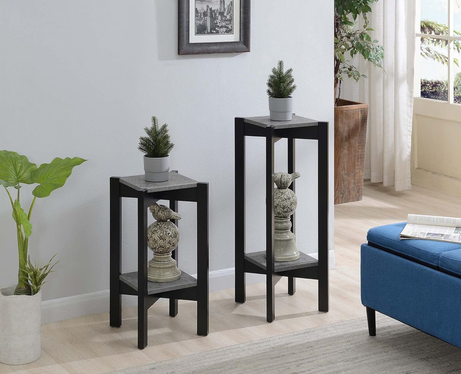 Convenience Concepts Planters & Potts Deluxe Square 31" Modern Stand for Plants, Vases, and Antiques, for the Living Room, Hallway, Entryway, Faux Cement/Black