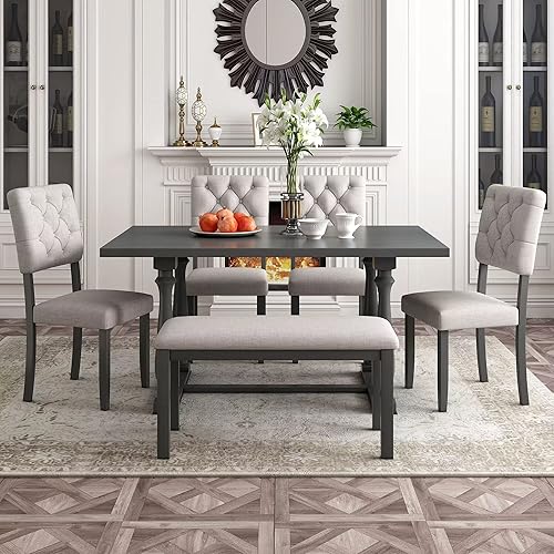 Miniatura 2 de Juego de 6 sillas de mesa de comedor mesa de comedor rectangular con 4 sillas tapizadas y un banco juego de sillas de cocina de madera para 6