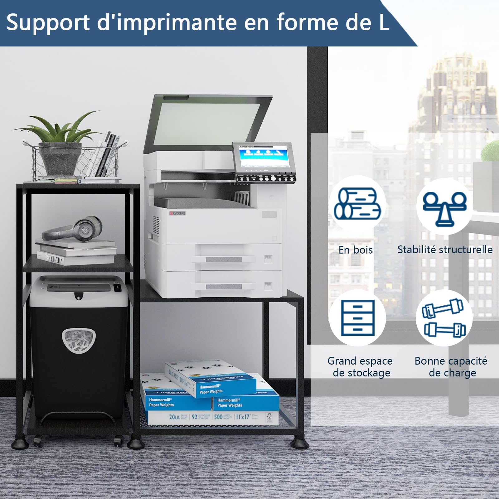 PUNCIA Support d'imprimante à 3 niveaux avec roulettes universelles - Table d'imprimante mobile en bois et métal - Étagère de rangement pour imprimante, bureau, maison, cuisine, bureau rétro