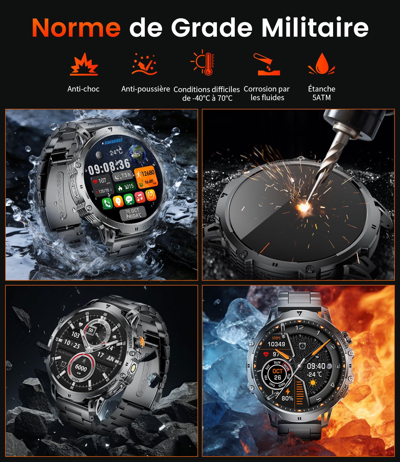 Montre Connectée Homme, 1.85" HD 800mAh Bluetooth 110+ Sports IP68