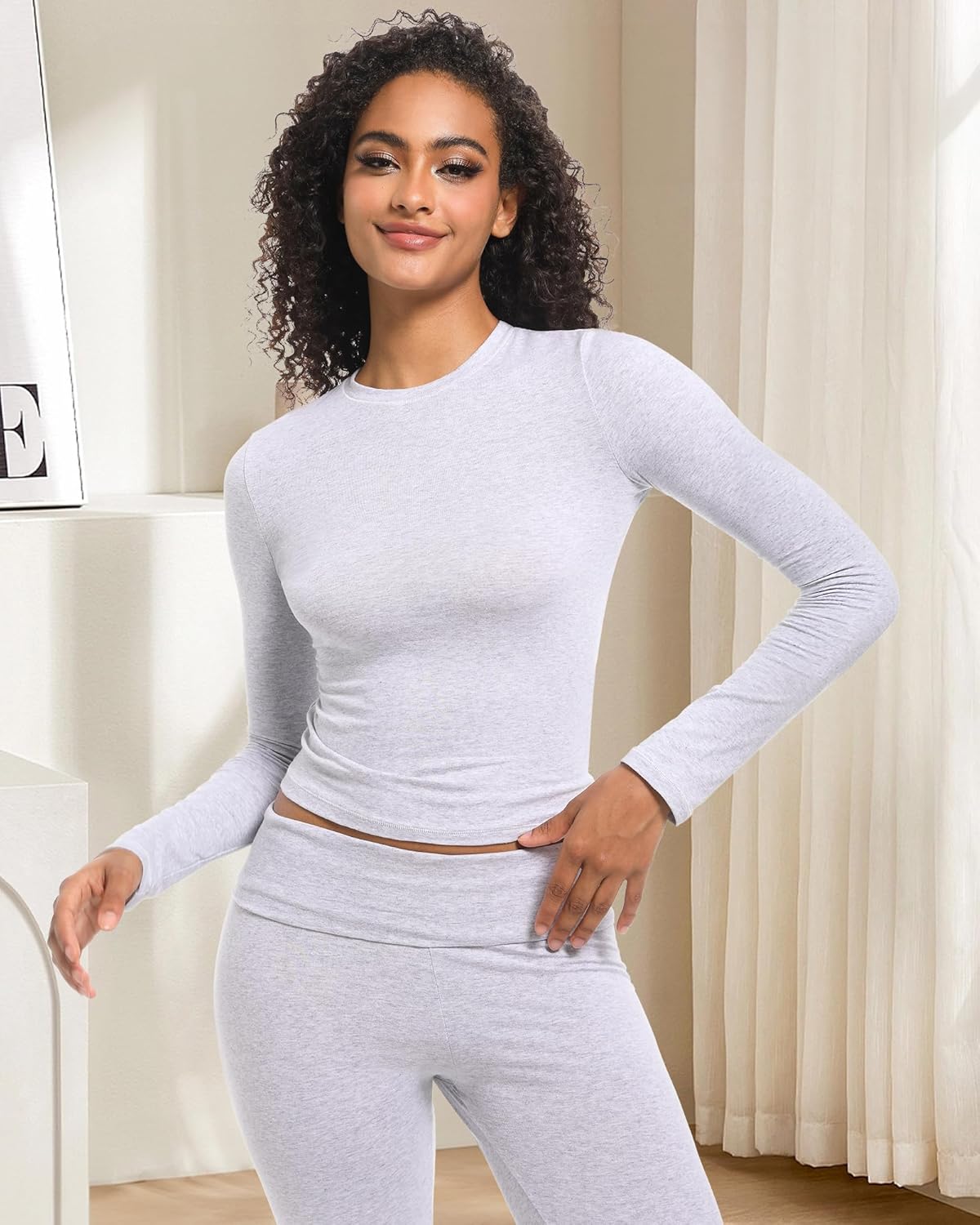2 Piece Lounge Sets for Women Casual Long Sleeve Crop Top Fold Over Flare Yoga Leggings Pants Outfits Pajamas Set - Image 5