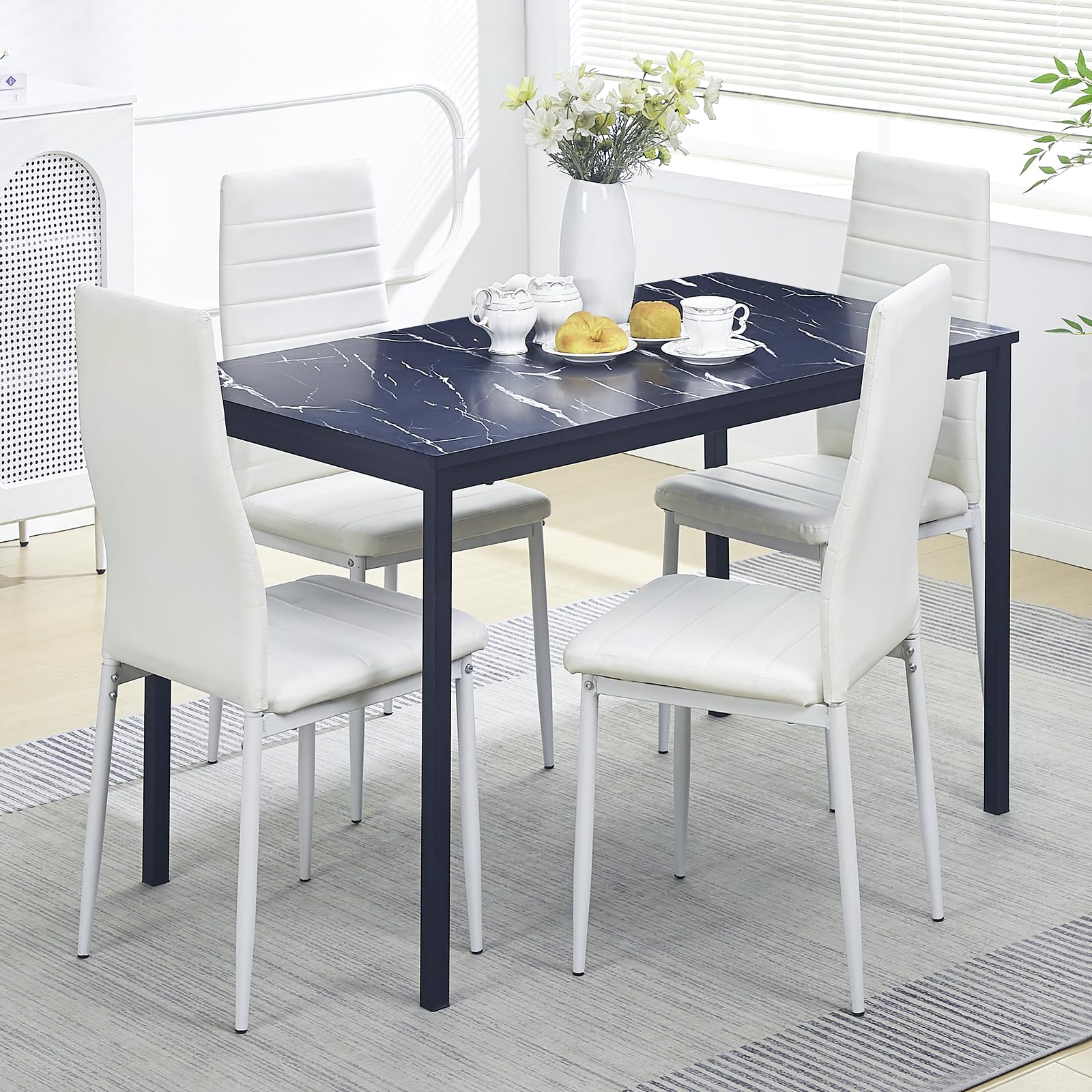 paonne 5-Pieces Marble Effect Dining Room Set for 4 Modern & Contemporary Black Wooden Kitchen Table with 4 White PU Chairs for Home Kitchen/Small Space/Apartment