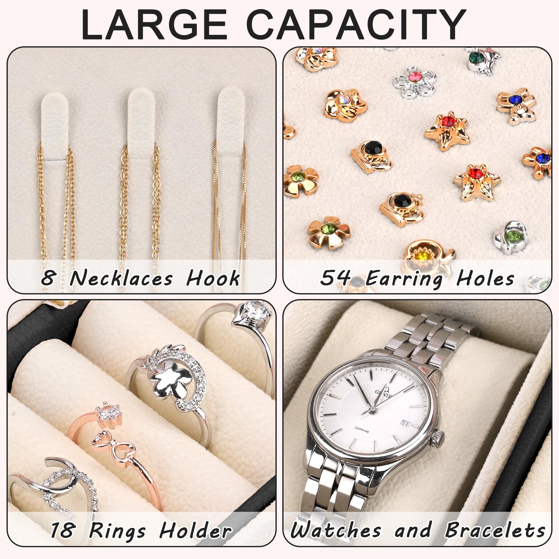 Sofore Portagioie Donna Porta Gioie Portagioie Bambina Grande Porta Gioielli Bambina a 2 Strati in Pelle PU Portagioie Donna da Camera Organizer Gioielli Storing Jewelry Earrings Anelli, Nero Perla