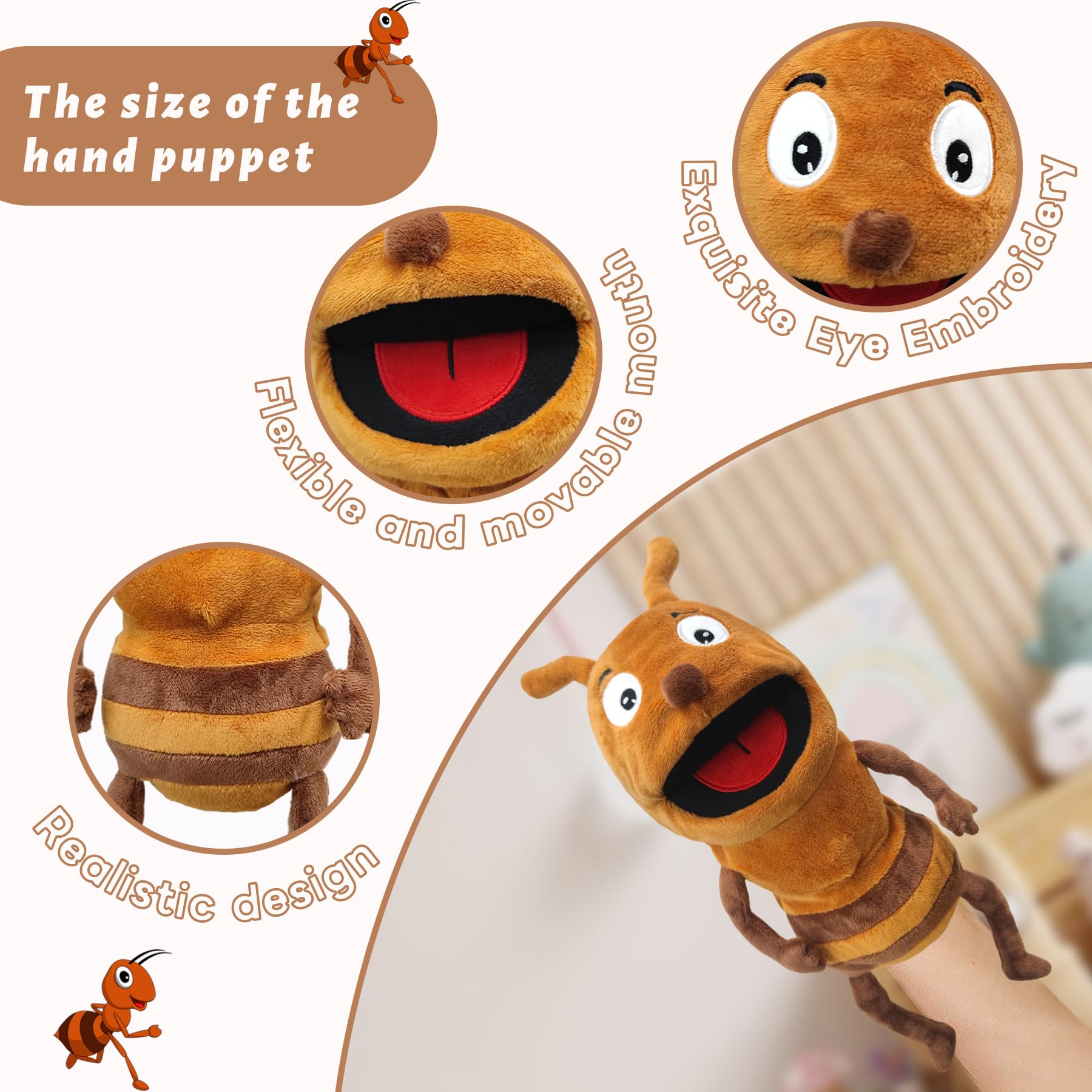 JUSTQUNSEEN Ants Animal Puppet - 13" Moveable Mouth Hand Puppet for Toddlers & Kids Age 1-8, Uk--ants, 15 inches - Image 3
