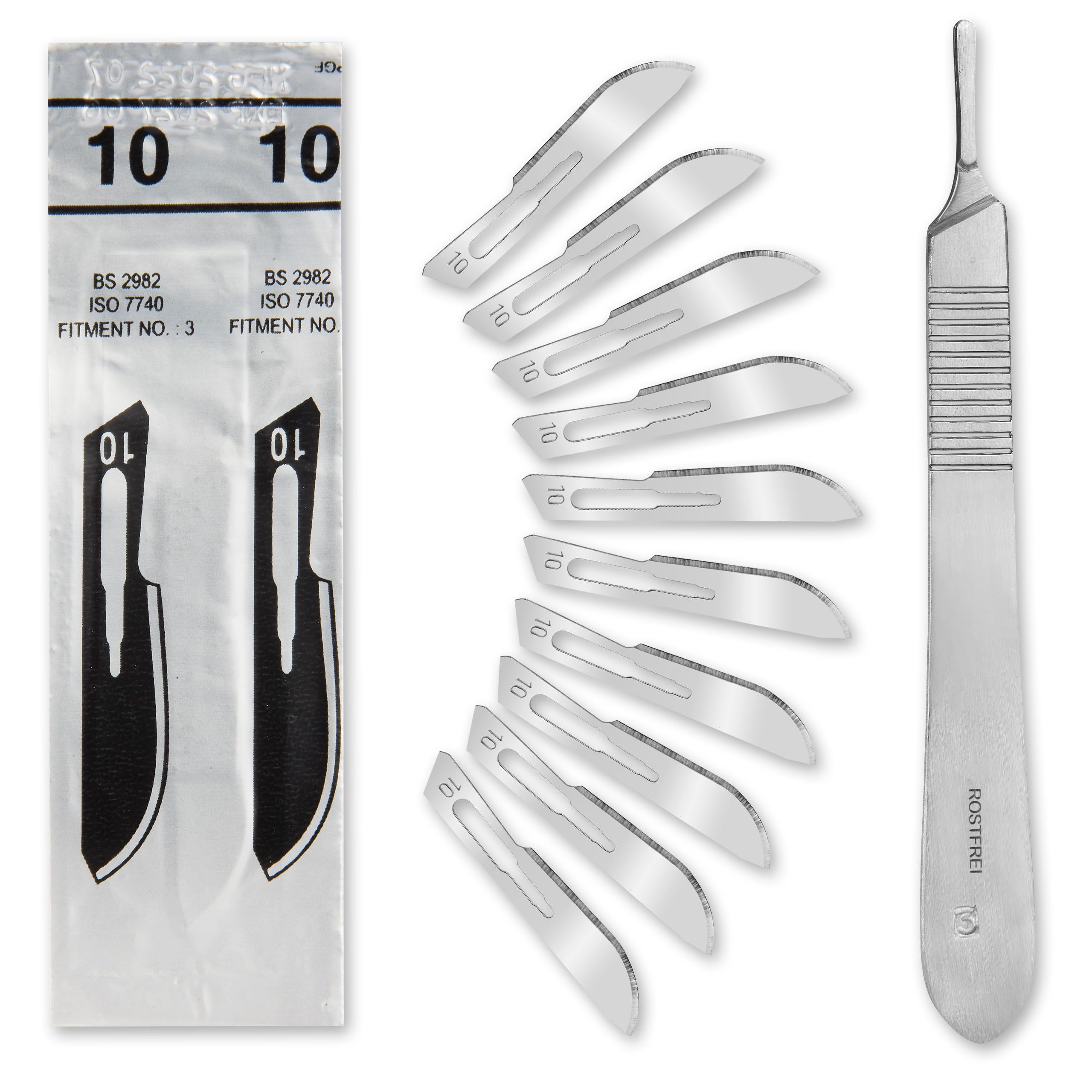 Set - 10 cuchillas estériles para bisturí Figura 10 de acero al carbono - Cuchillas de repuesto + 1 x Shehadeh - Soporte para bisturí - Acero inoxidable