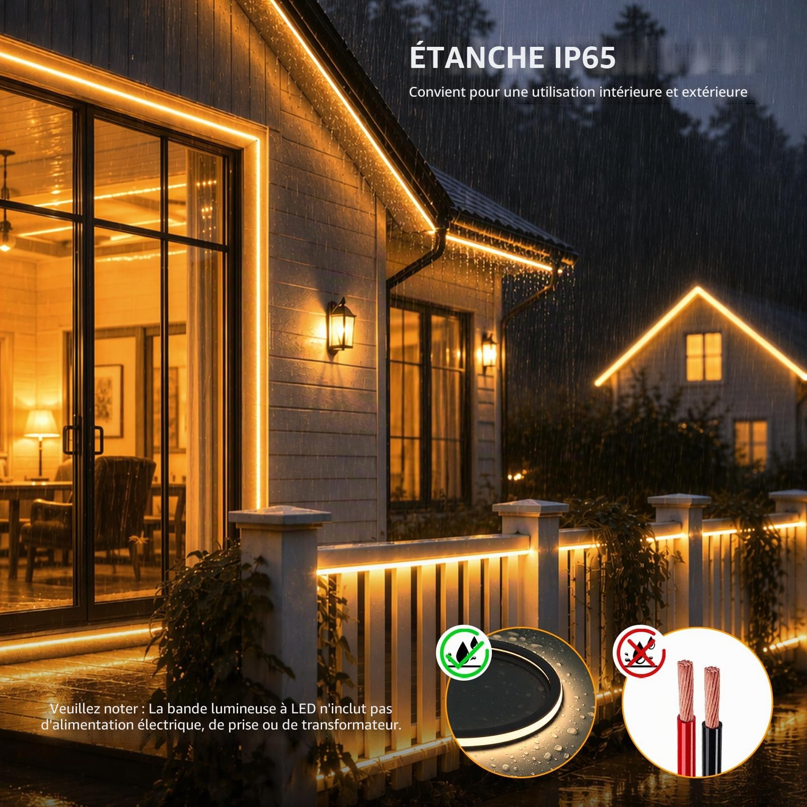10m Noir Ruban LED Bande Panneau Acoustique Bois 220V Sans Prise