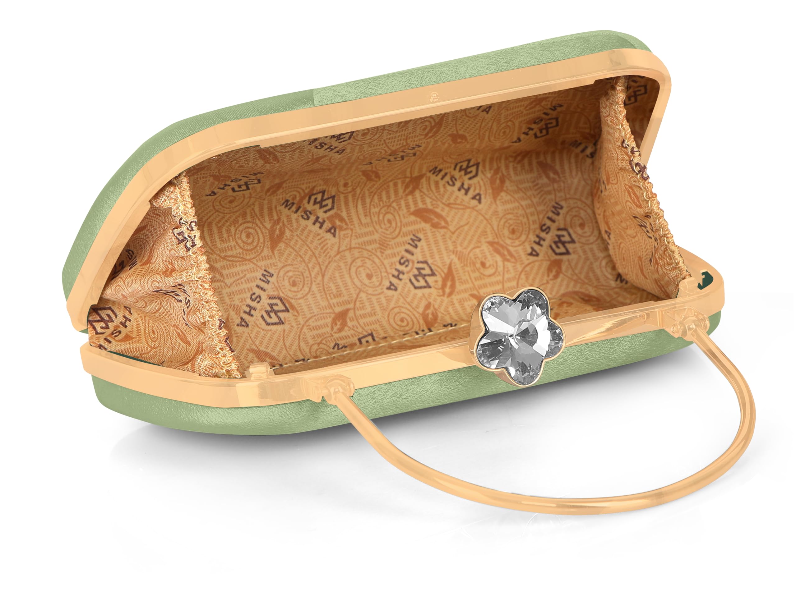MISHA Glimmer Luxe Satin Evening Clutch with Detachable Chain Strap (GREEN) 3