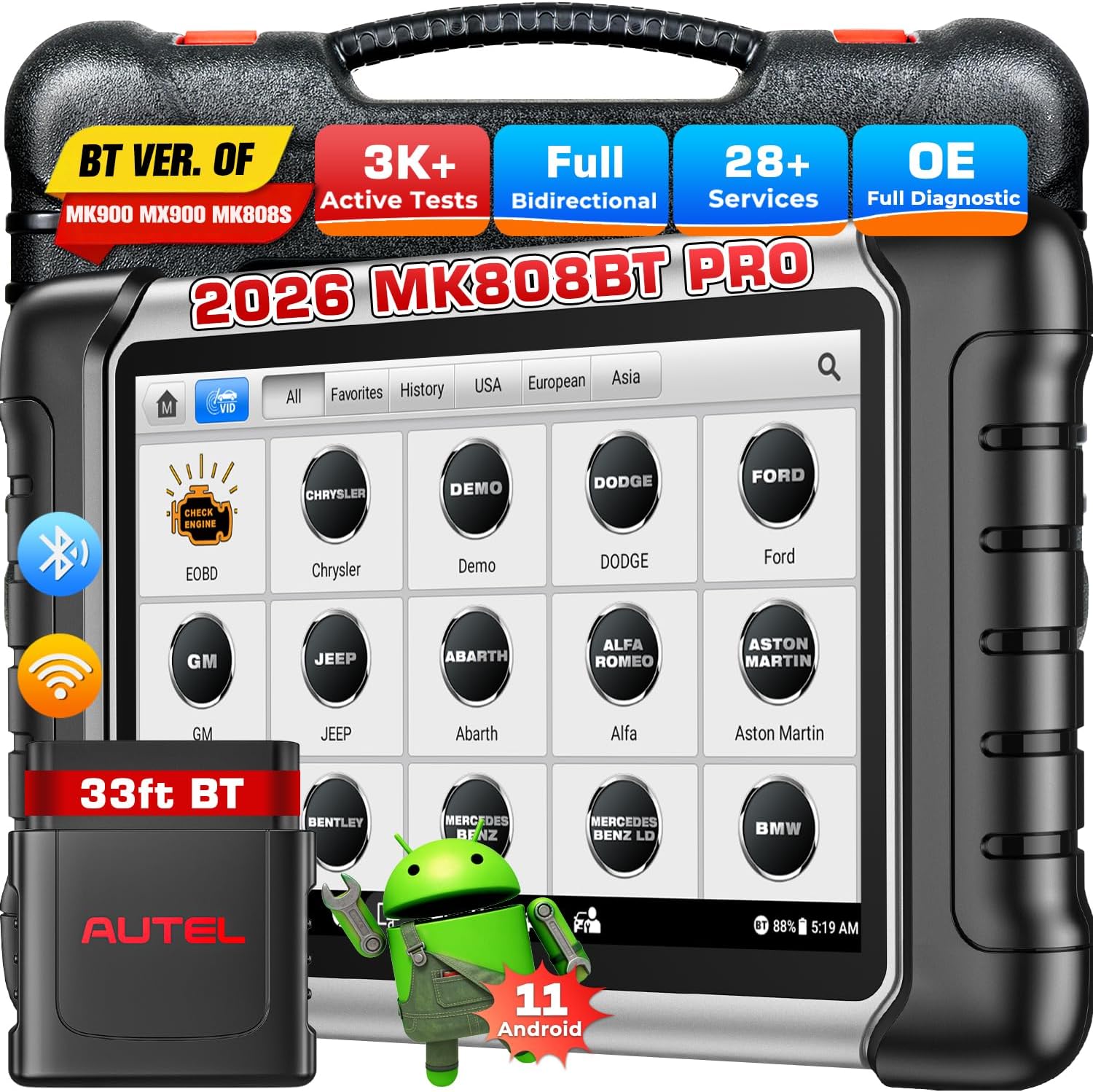 Autel Scanner MaxiCOM MK808BT PRO: 2026 Bidirectional Scan Tool Work as MK900BT, 33FT BT 2.0 Ver. of MK900 MX900 MK808S MaxiCheck MX808S MK808Z, 3K+ Active Tests, 28+ Services, OE Full Sys, OS 11, FCA