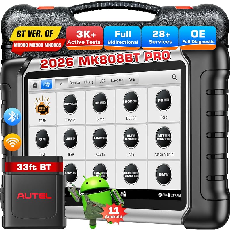 Escáner MaxiCOM MK808BT pro: 2026 Herramienta de escaneo bidireccional como MK900BT, | 33 PIES BT 2.0 Ver. de MK900 MX900 MK808S MaxiCheck MX808S MK808Z, 3K+ Pruebas activas, 28+ Servicios, Sistema completo OE, OS11, FCA