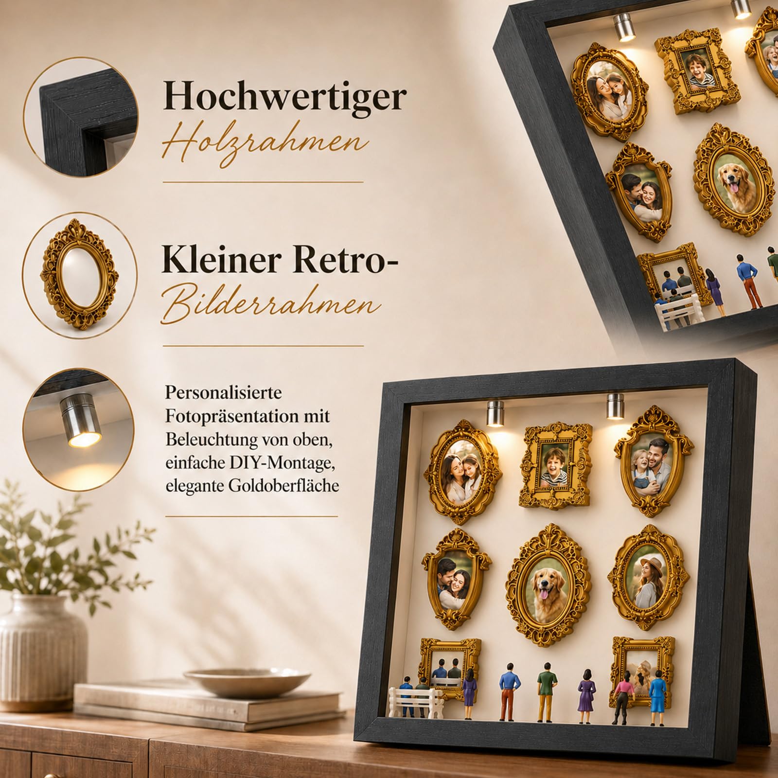 DIY Mini Museum Silhouette Box Set mit LED Licht – 8 Goldene Rahmen & 8 Figuren, Museum of Us, Mini Bilderrahmen Vintage, Miniatur Bilderrahmen für Geschenk,Idee für Jahrestag Geschenke Freunde