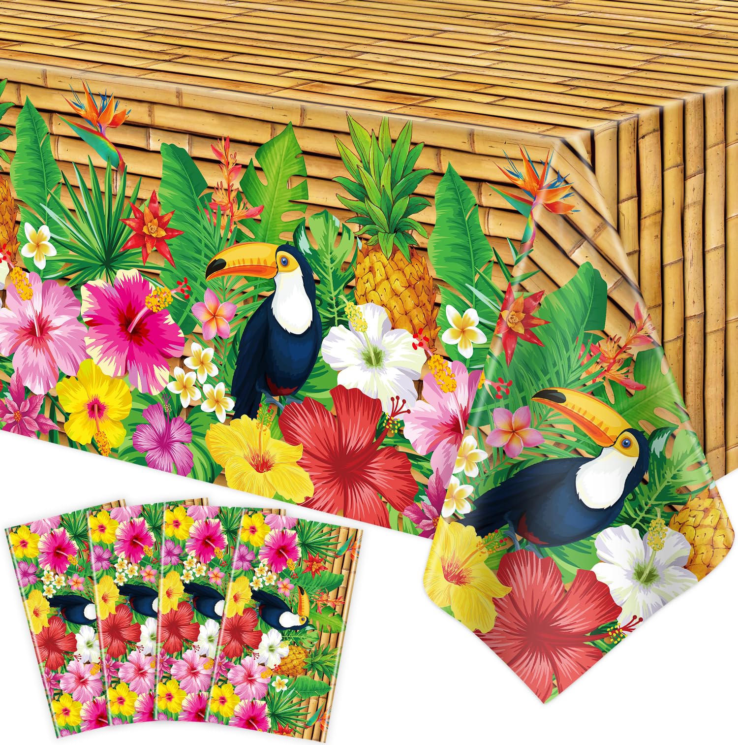 Dvaorc 4 Pack Luau Hawaiian Tablecloths Tiki Tablecloth Tiki Totem Decor Aloha Tiki Bar Tropical Table Cloth Hawaiian Luau Table Cover Toucan Bird Theme Beach Pool Party Decorations 86 x 51 IN