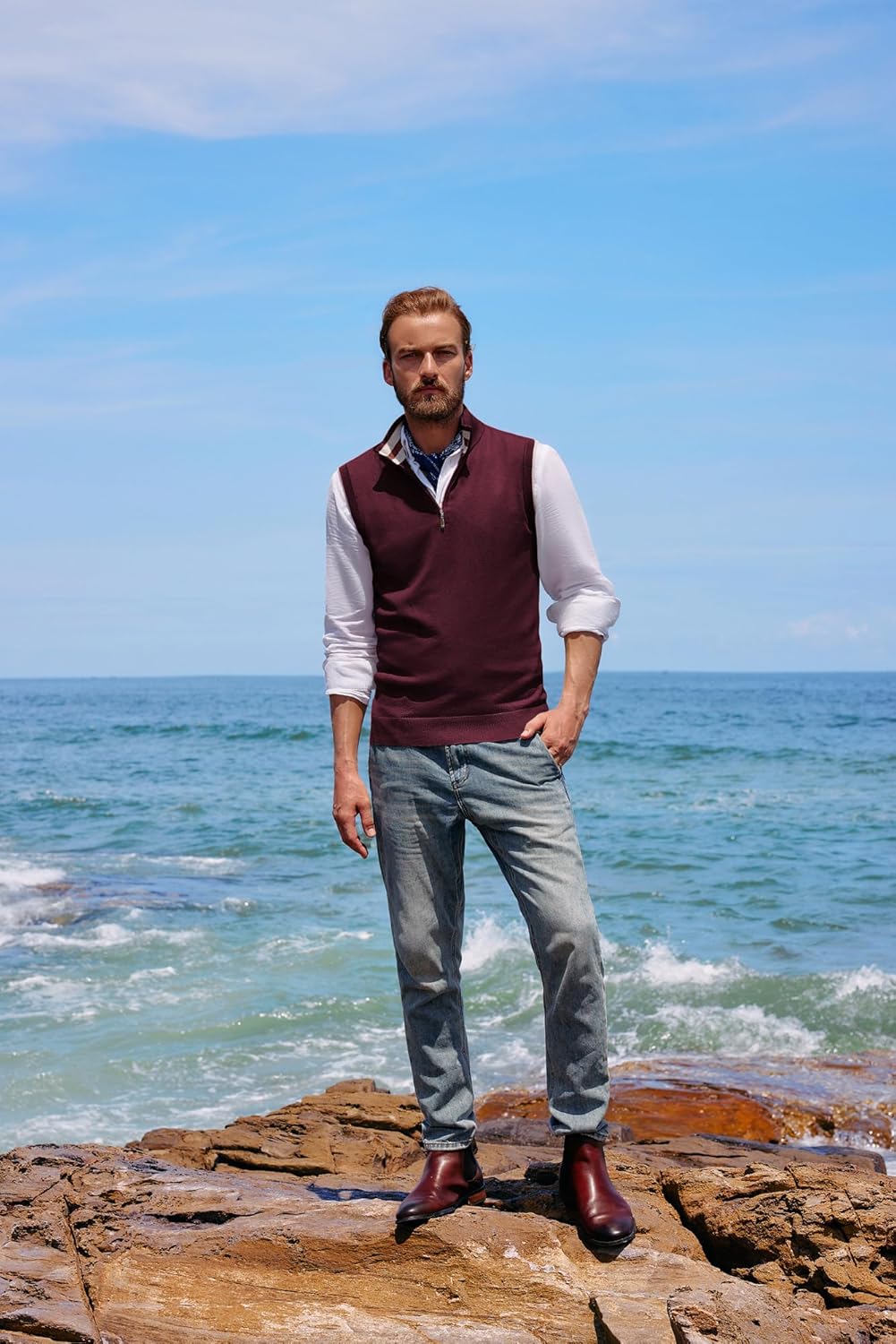 PJ PAUL JONES Mens Sweater Vest Quarter Zip Vest Sweater Stand Collar Contrast Stripes Pullover Knitwear Vest - Image 2