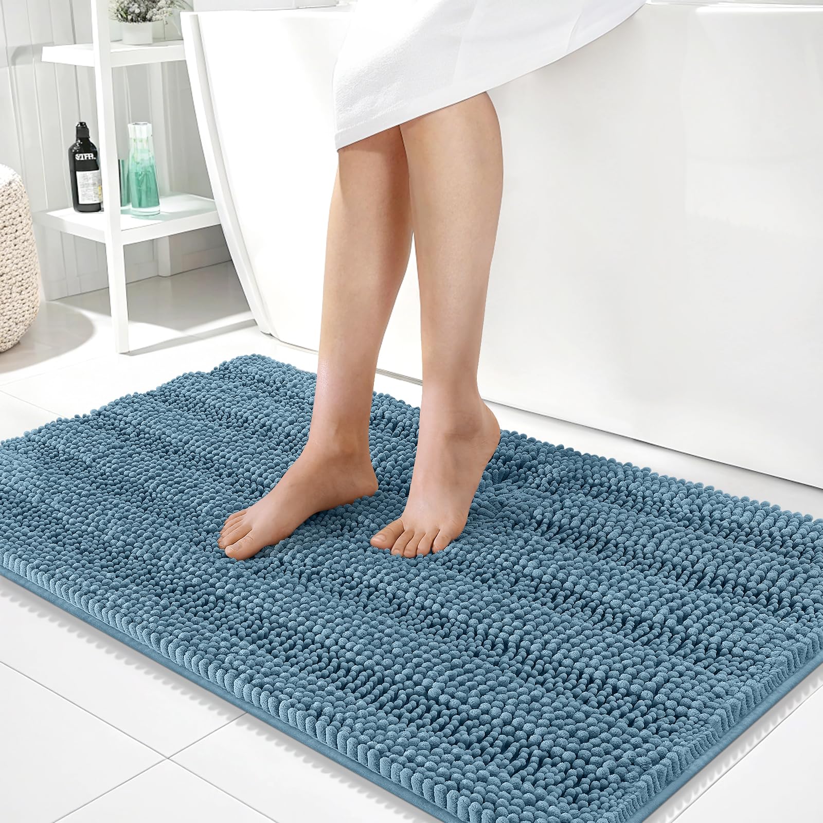 OLANLY Thick Large Bathroom Rugs 40x24, Soft Chenille Bath Rugs, Airy Blue