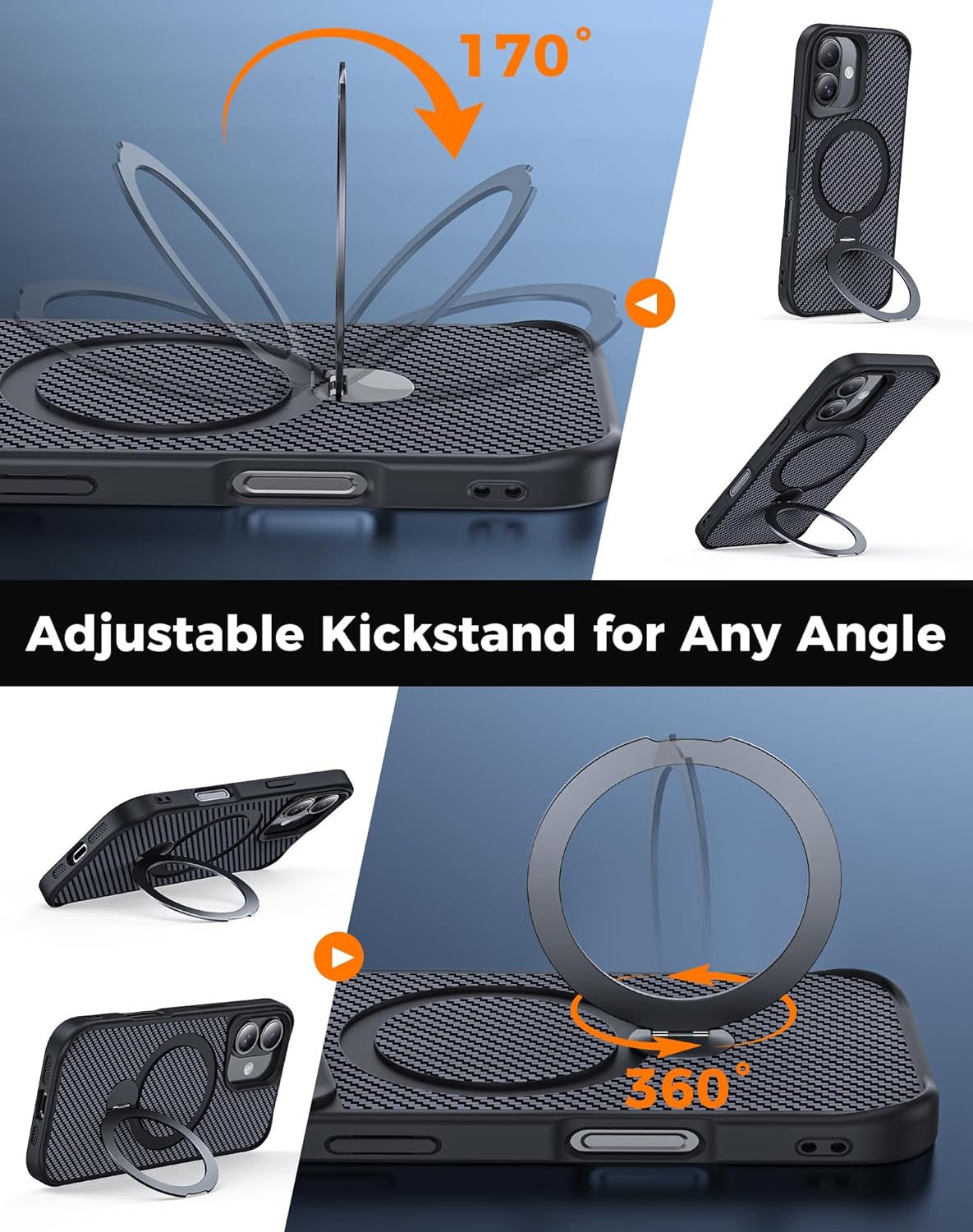 Designed for iPhone 17 Case with 360° Magnetic Stand, Carbon Fiber Phone Case [Compatible with Magsafe] [15FT Military Protection] with Stand Ring 6.3'', Black - Image 5