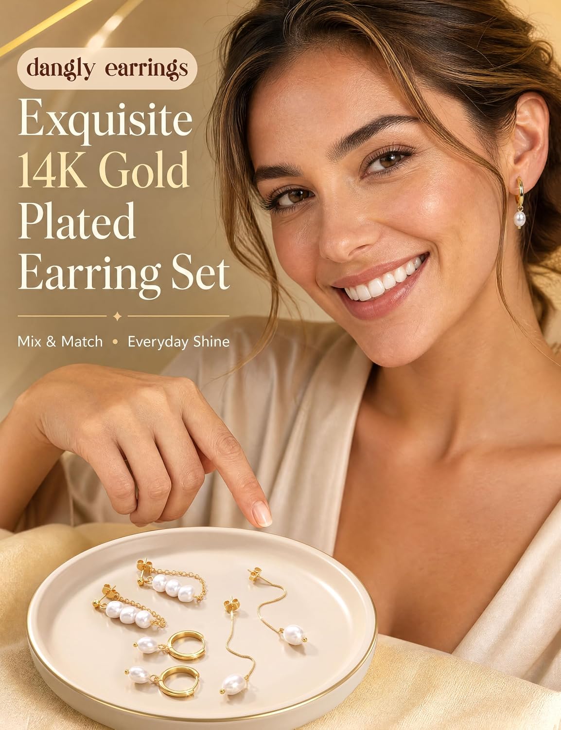 3 Pairs Stud Hoop Chain Earrings for Women - 14K Gold Plated Hypoallergenic Dangle Drop Earrings Set with CZ Pearl,Lightweight Ear Stack Jewellery for Multiple Piercings Gifts image 4