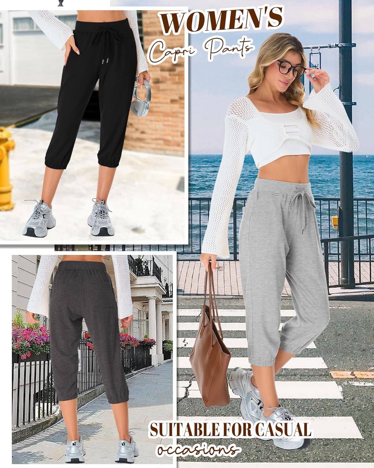 3 Pack Women's Capri Sweatpants Yoga Drawstring Workout Cropped Joggers Lounge Athletic Capri Pants with 3 Pockets