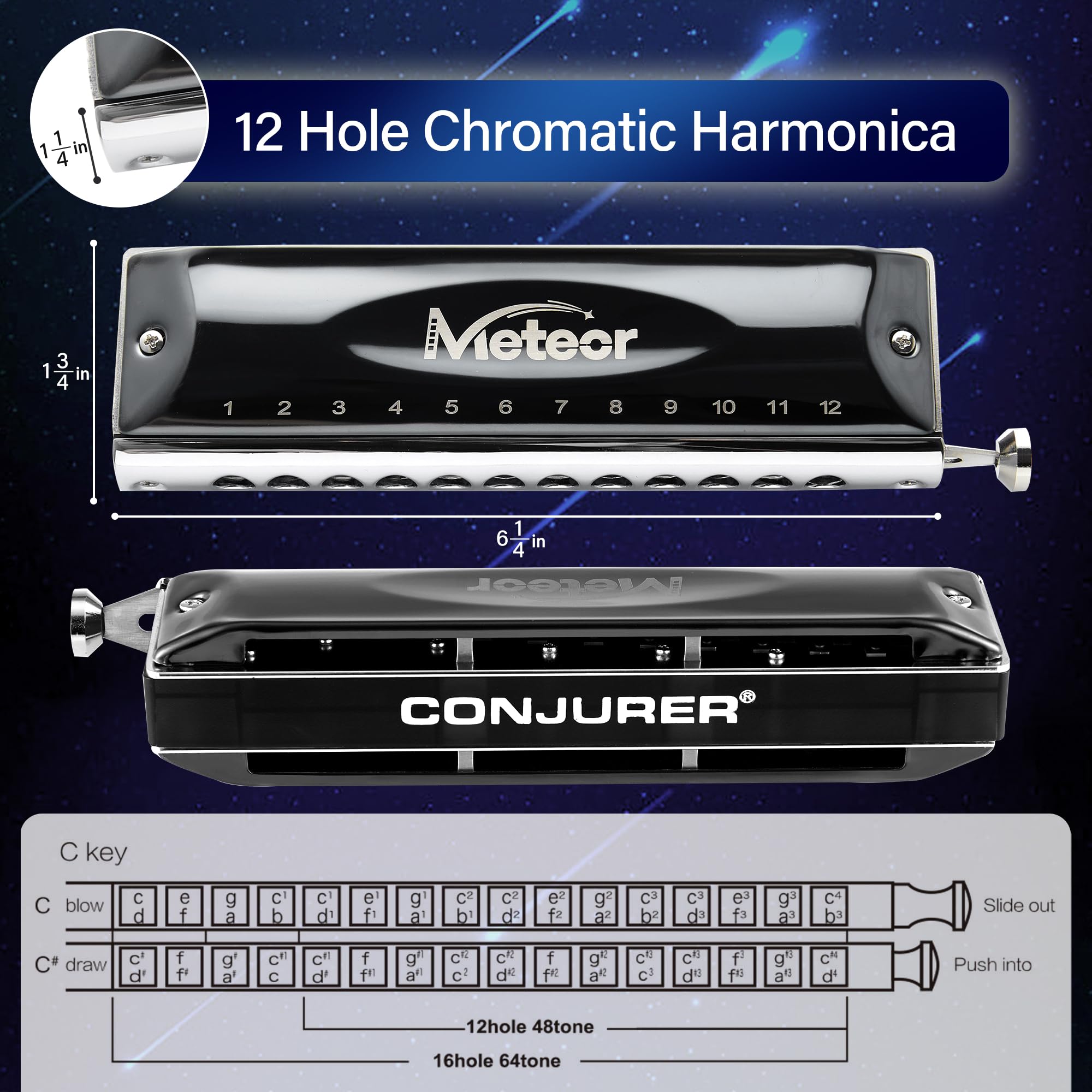 CONJURER Valveless Chromatic Harmonica for Kids Adult Beginners 12 Hole Harmonica C Key Mouth Organ with Brass Reeds,1248-Meteor Key of C - Image 4