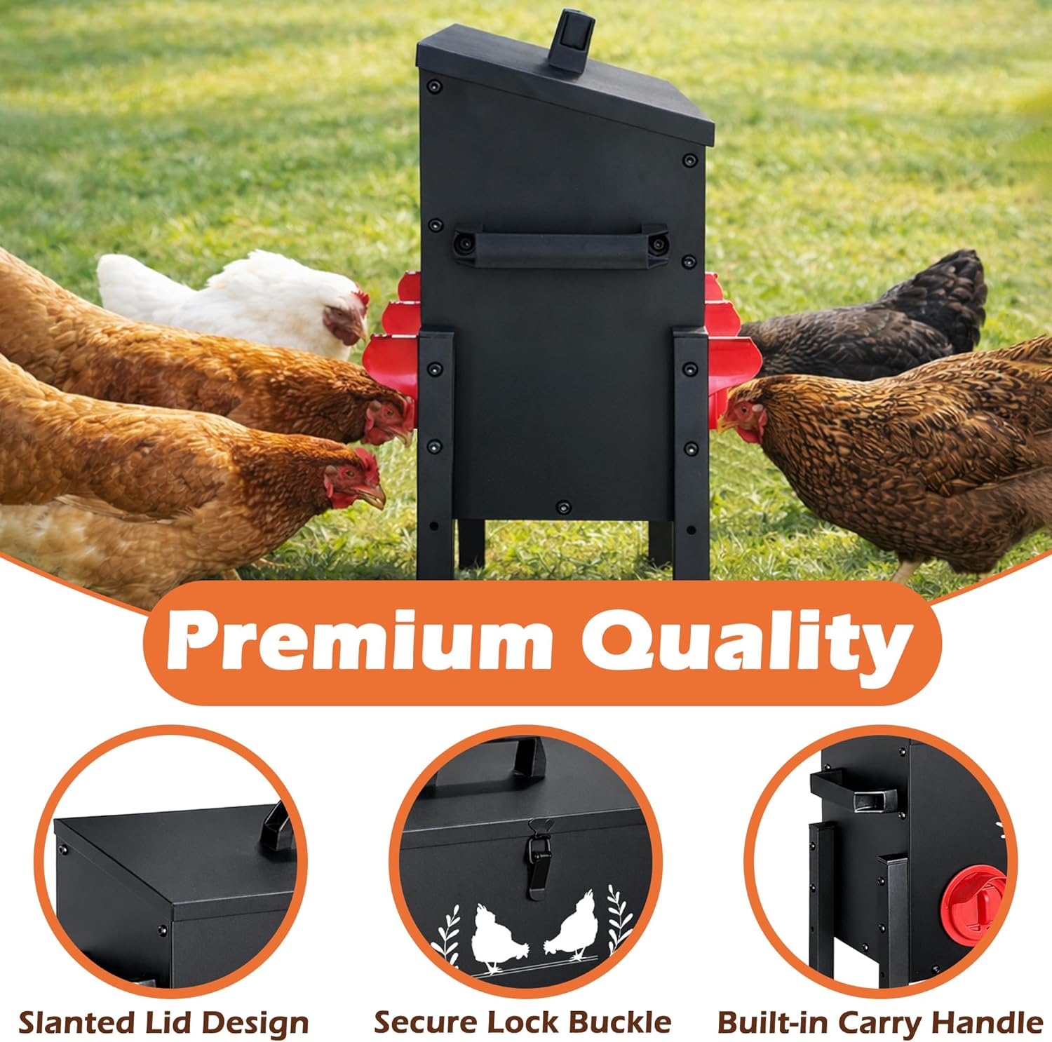 Large Capacity Automatic Chicken Feeder, 6 Port Chicken Feeder, 28LB Metal Chicken Feeders with Locking Lid & Adjustable Legs, No Waste Chicken Feeder, Black